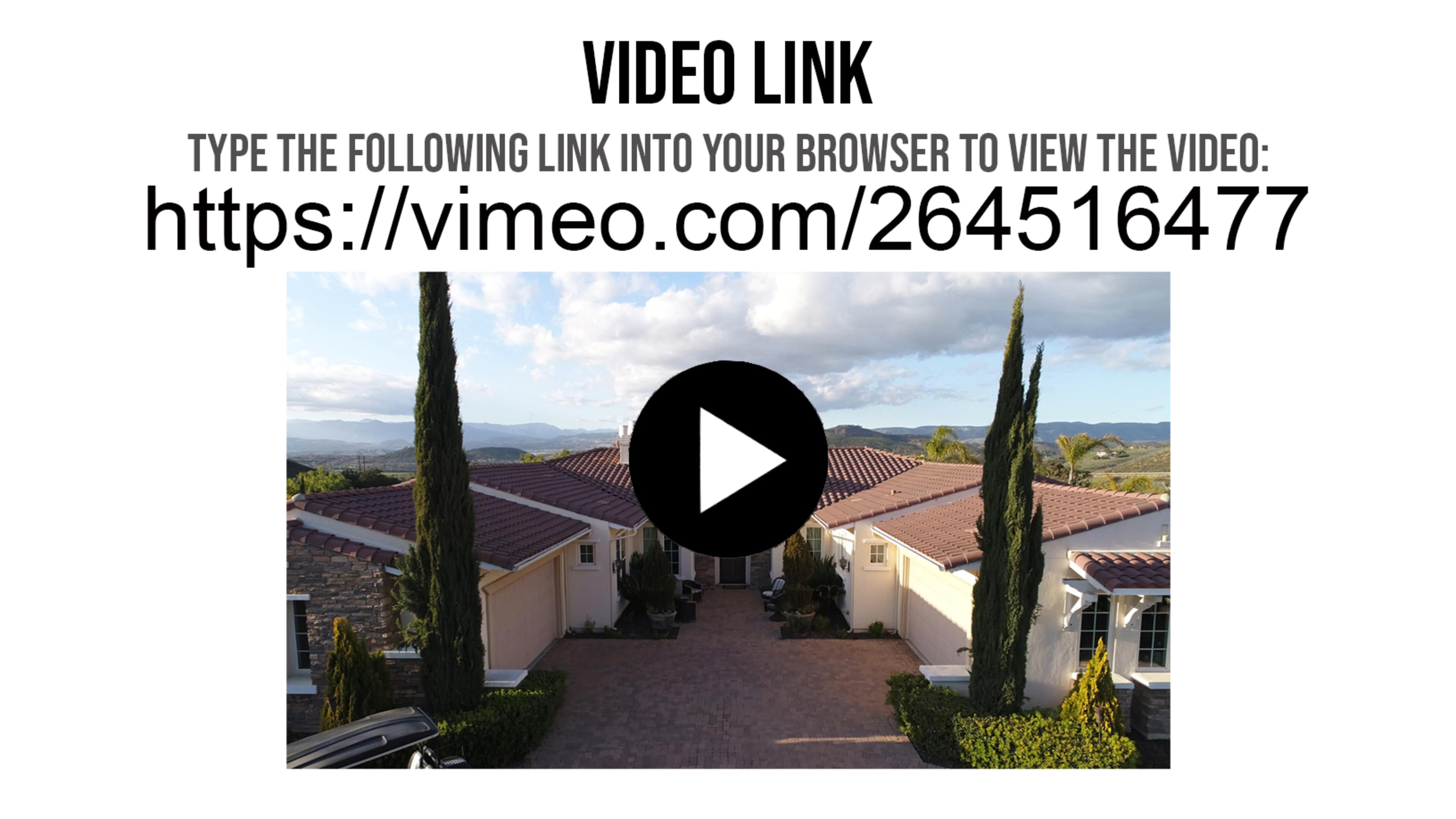 A video link displayed prominently with a play button, set against a scenic backdrop of a residential area featuring two tall cypress trees.