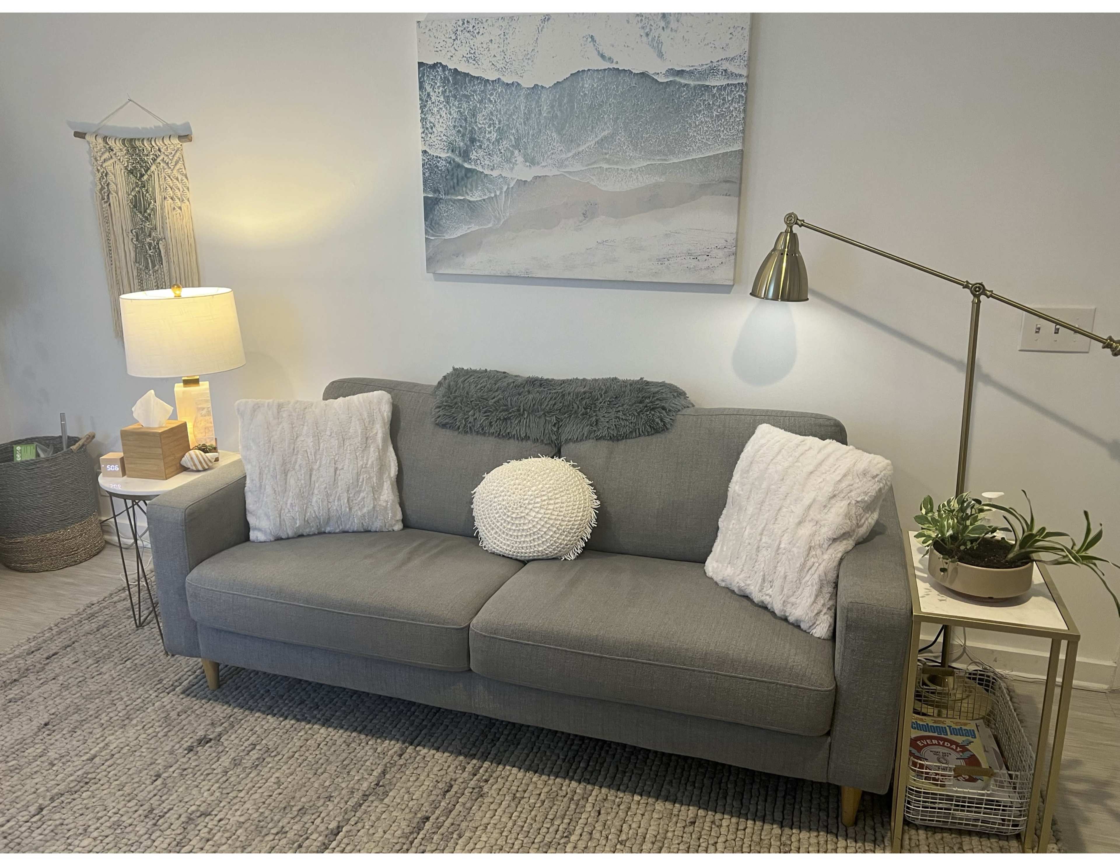 A gray sofa with two decorative pillows and a round cushion is positioned beside a lamp and a floor lamp in a cozy living room setting.