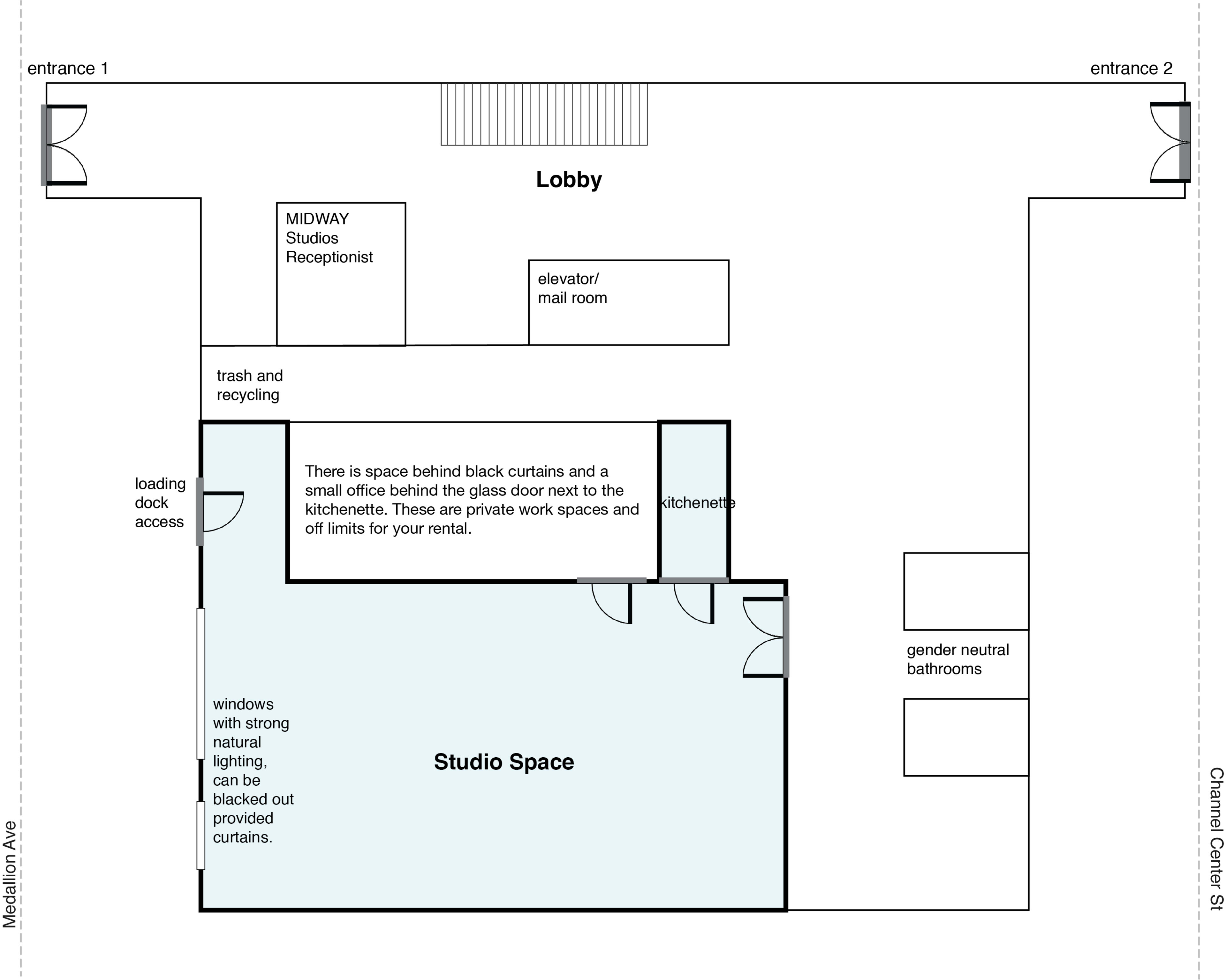 The diagram shows a floor plan of a studio layout featuring a lobby, studio space, kitchenette, restrooms, and entrances.