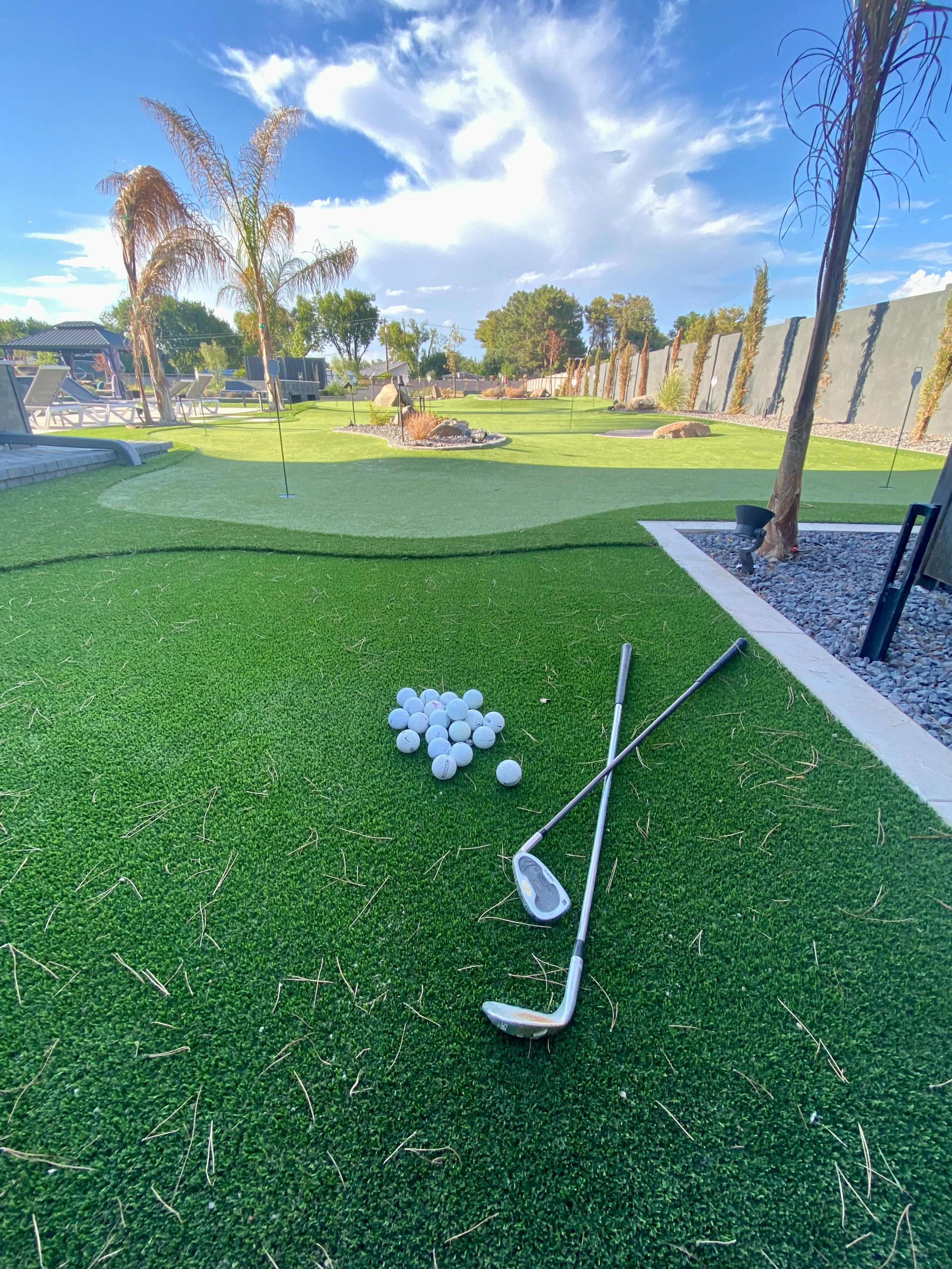 A golf club and a pile of golf balls are positioned on a manicured putting green surrounded by palm trees and a blue sky.