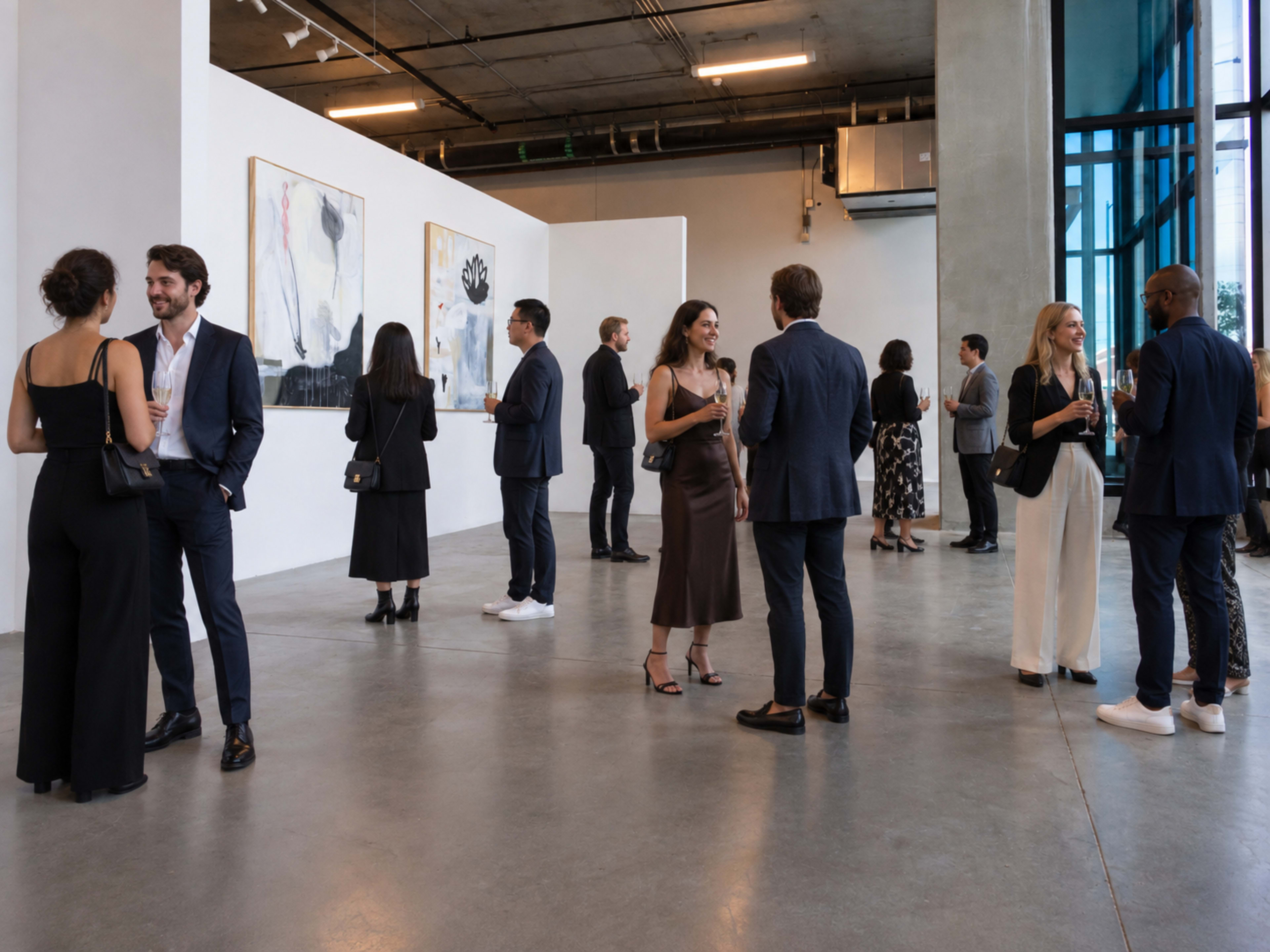 People are mingling in an art gallery with modern artwork displayed on the walls.