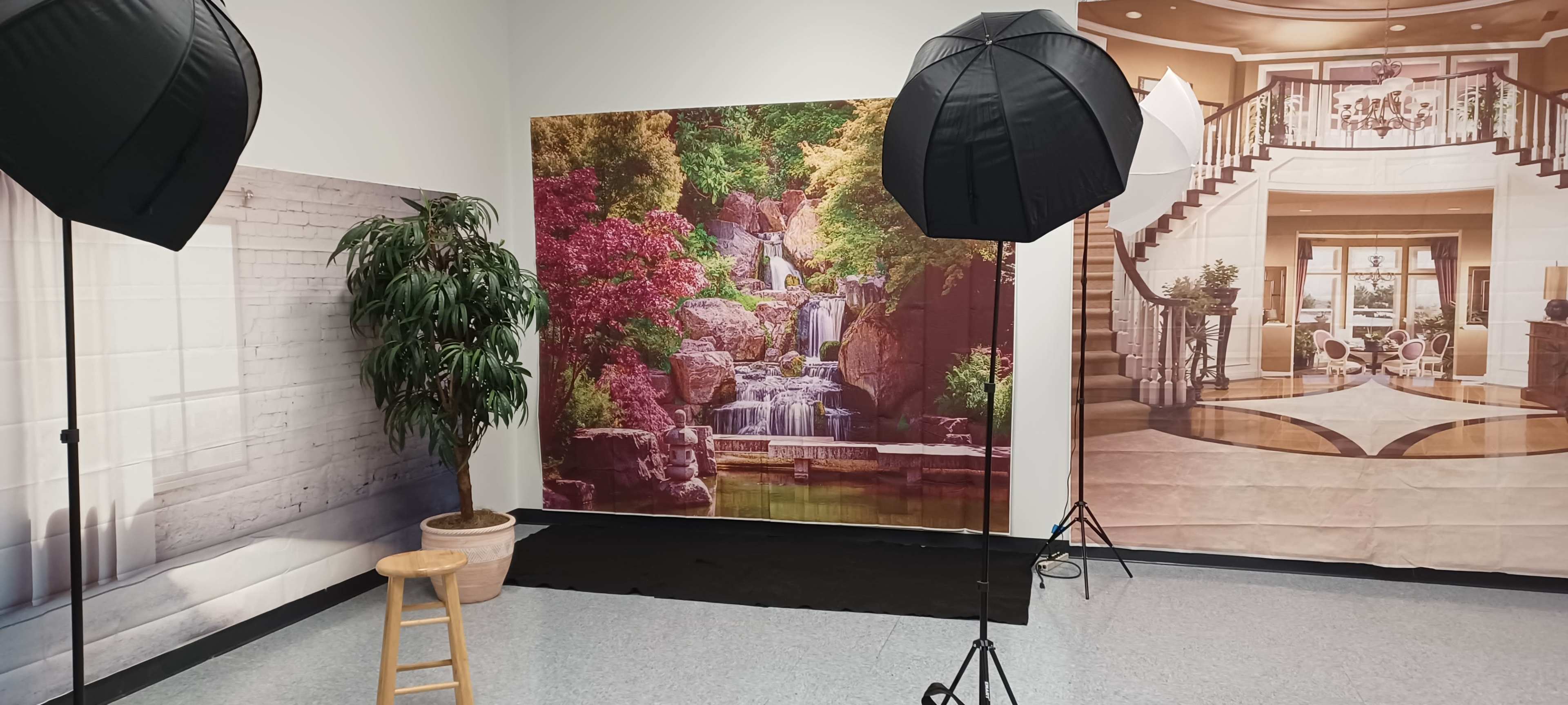A photography studio with a backdrop of a waterfall scene, a potted plant, and a backdrop of an elegant staircase.