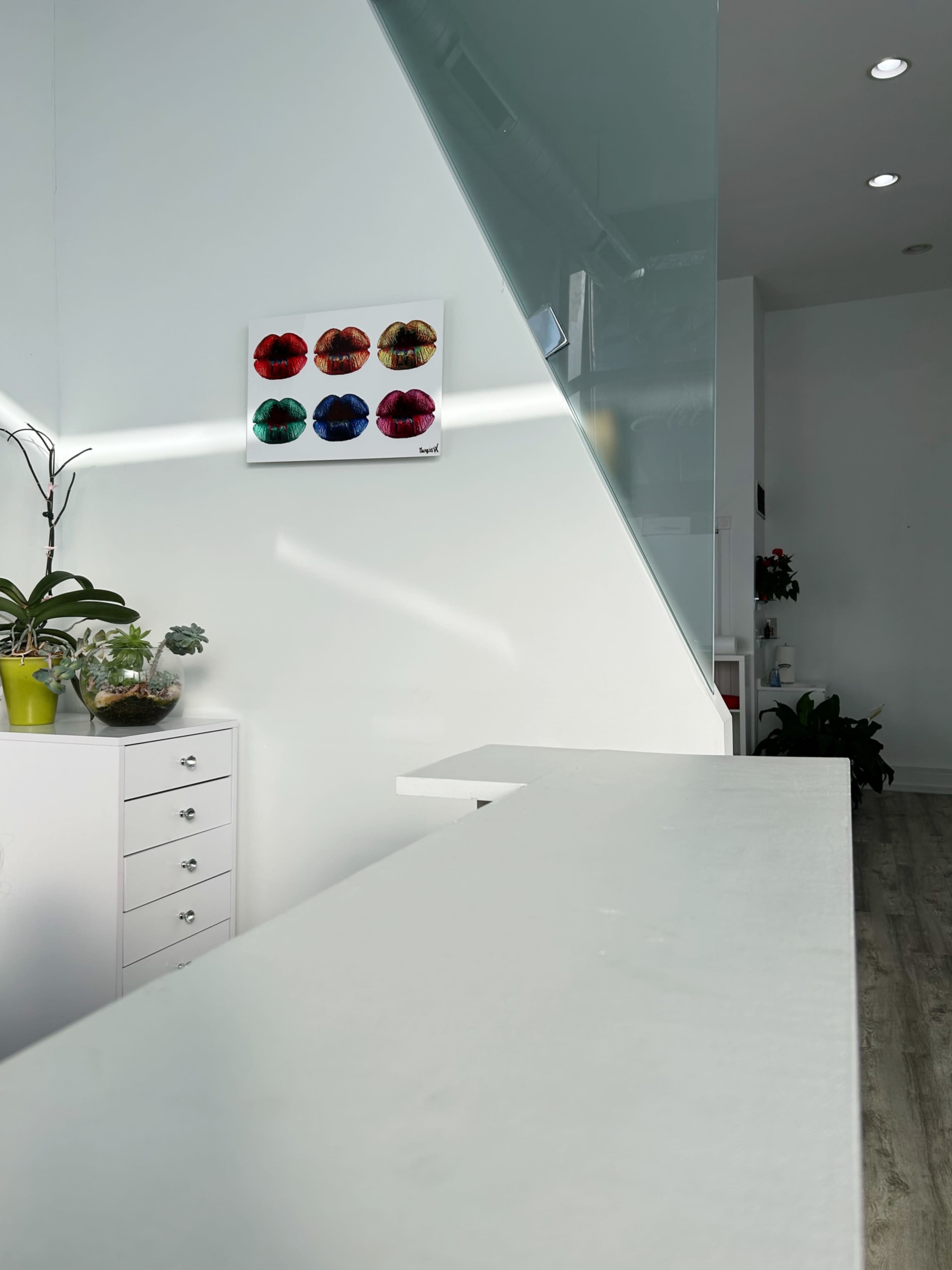A modern interior features a white countertop, a framed artwork of colorful lips on the wall, and greenery in pots.