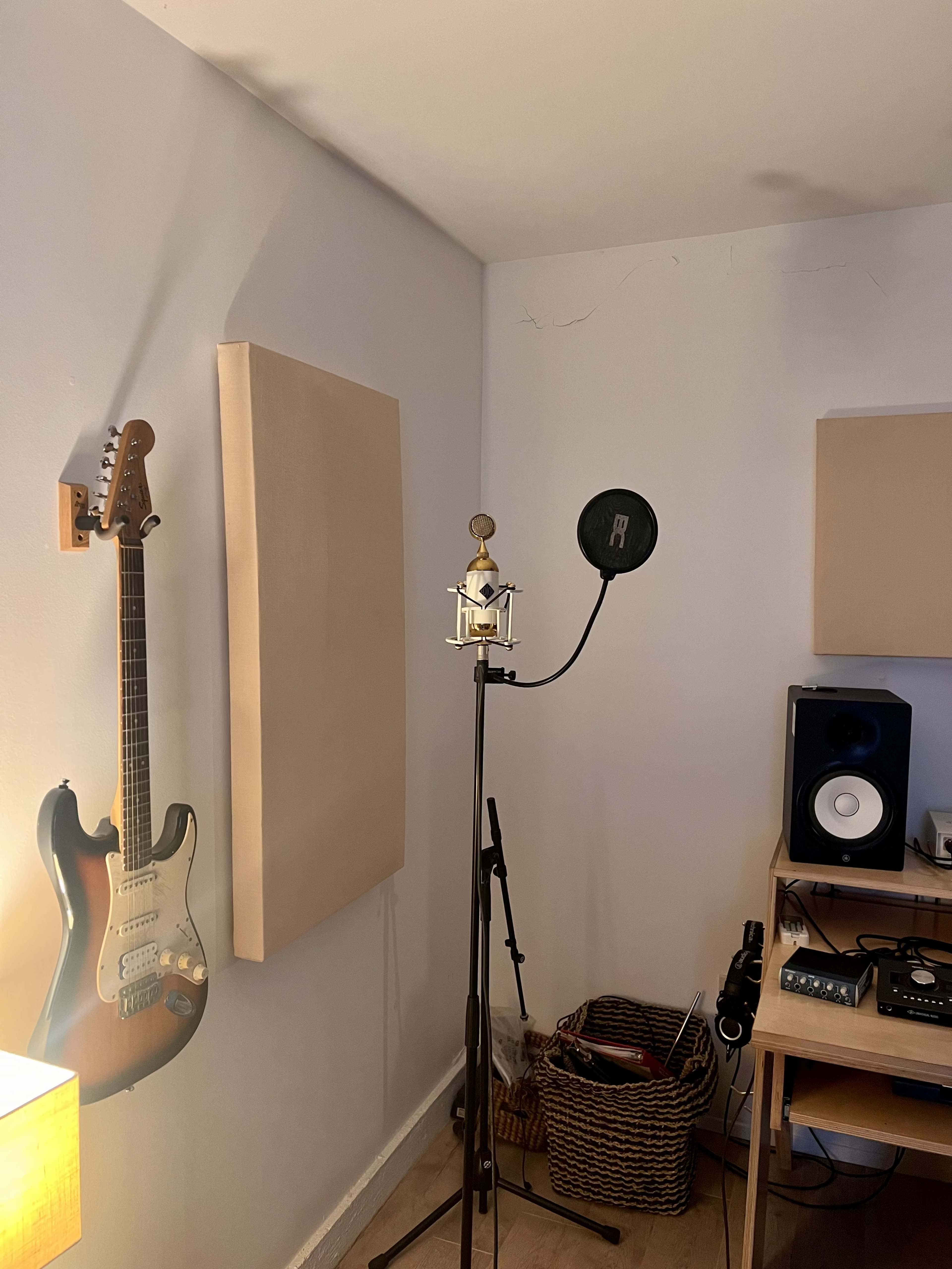 The image shows a music recording setup featuring a microphone on a stand next to an electric guitar, with acoustic panels on the wall and audio equipment nearby.