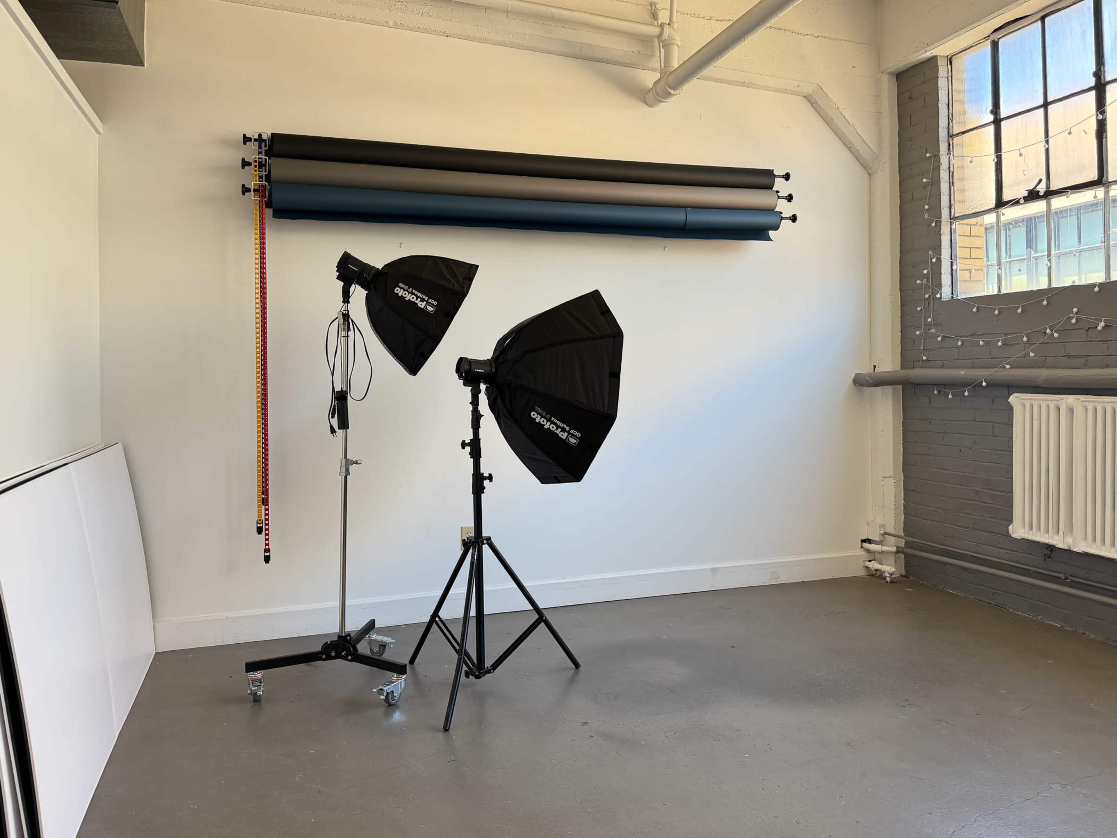 The image shows a photo studio with two softbox lights on stands, a backdrop in various colors hanging on the wall, and a large window letting in natural light.