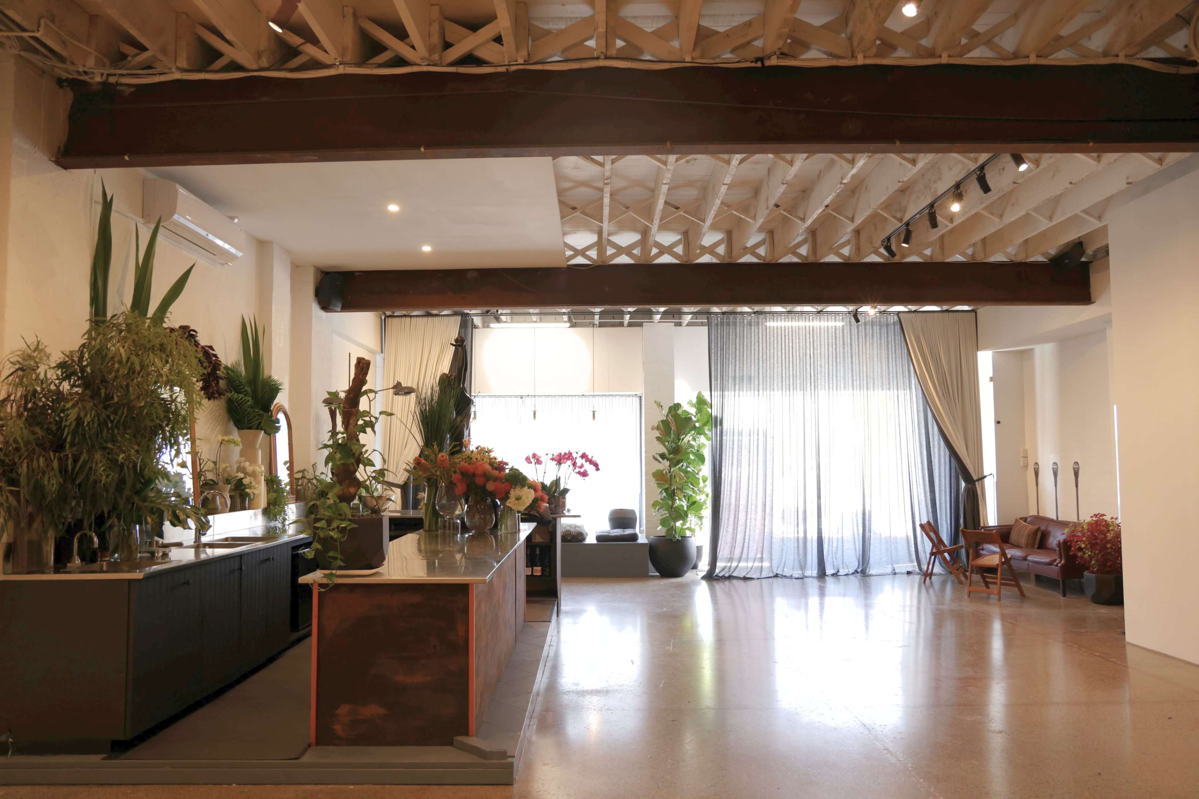 The image shows a spacious interior with a reception area featuring a long countertop adorned with various plants and a seating area with a chair and table, illuminated by natural light.