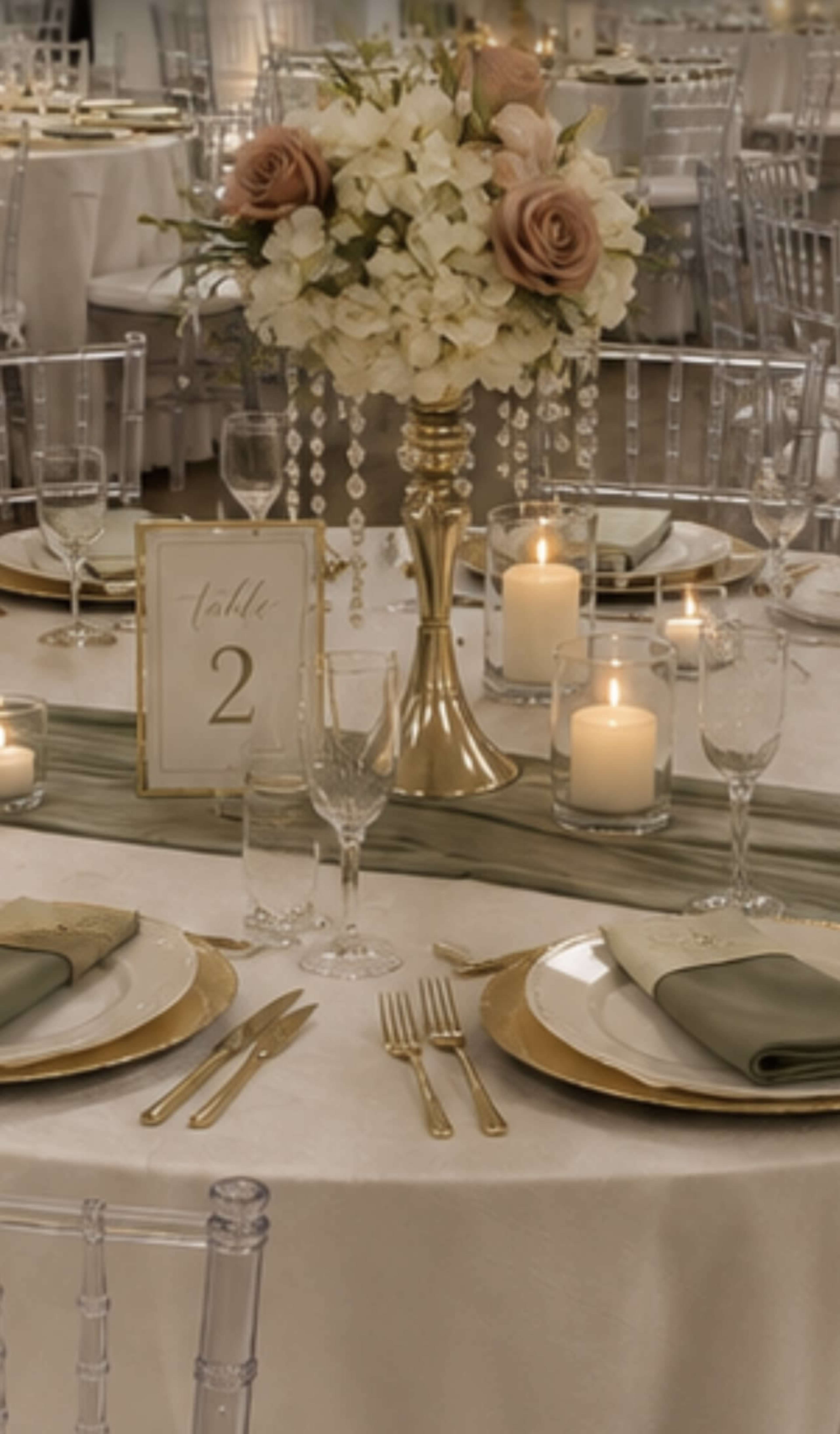 The image shows a beautifully set dining table for an event, featuring a floral centerpiece, elegant tableware, and softly glowing candles.