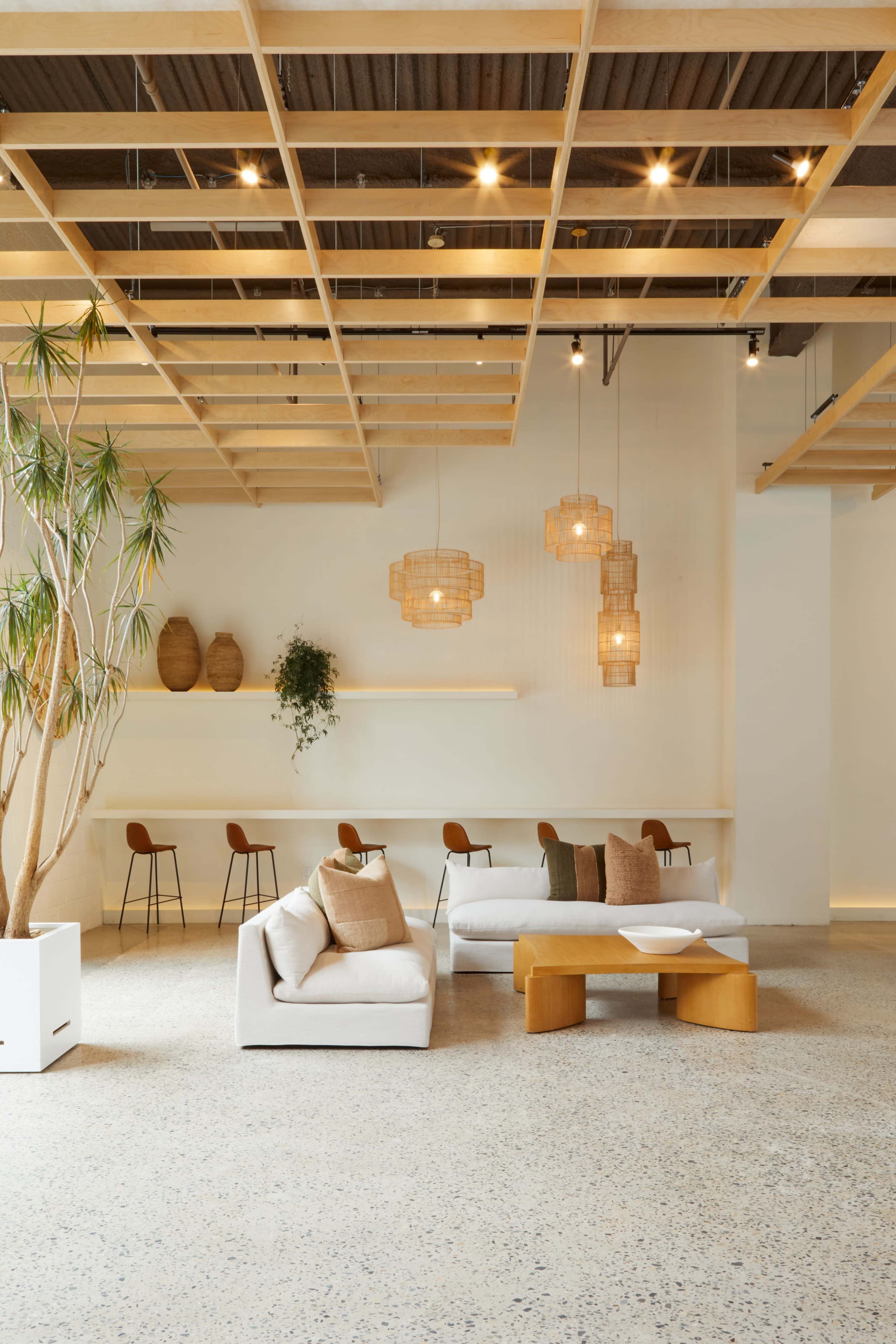 The image shows a spacious, modern interior with a white couch and a wooden coffee table, complemented by a large plant and hanging light fixtures.
