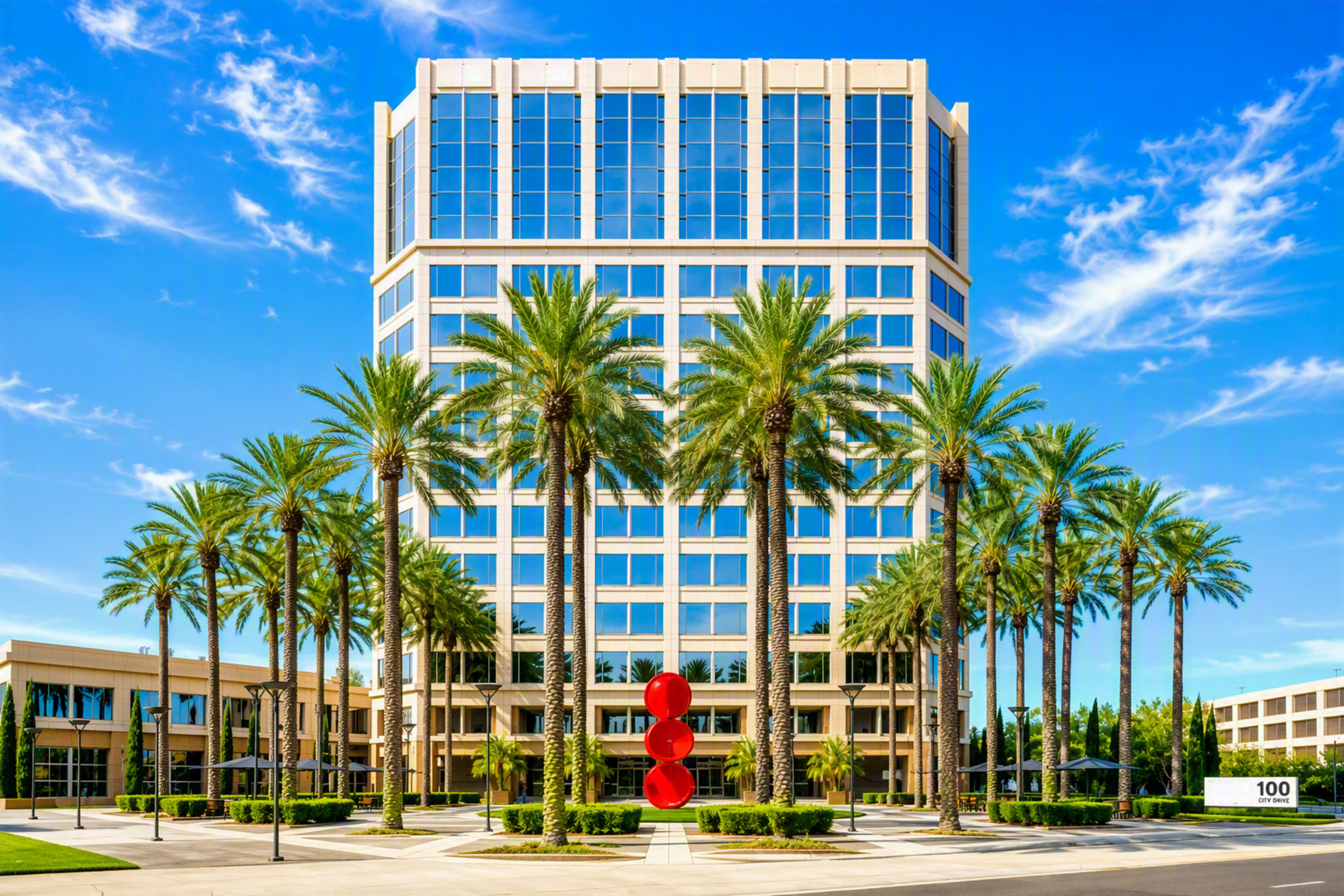 A modern office building stands tall, framed by rows of palm trees and featuring a large red sculpture in front.