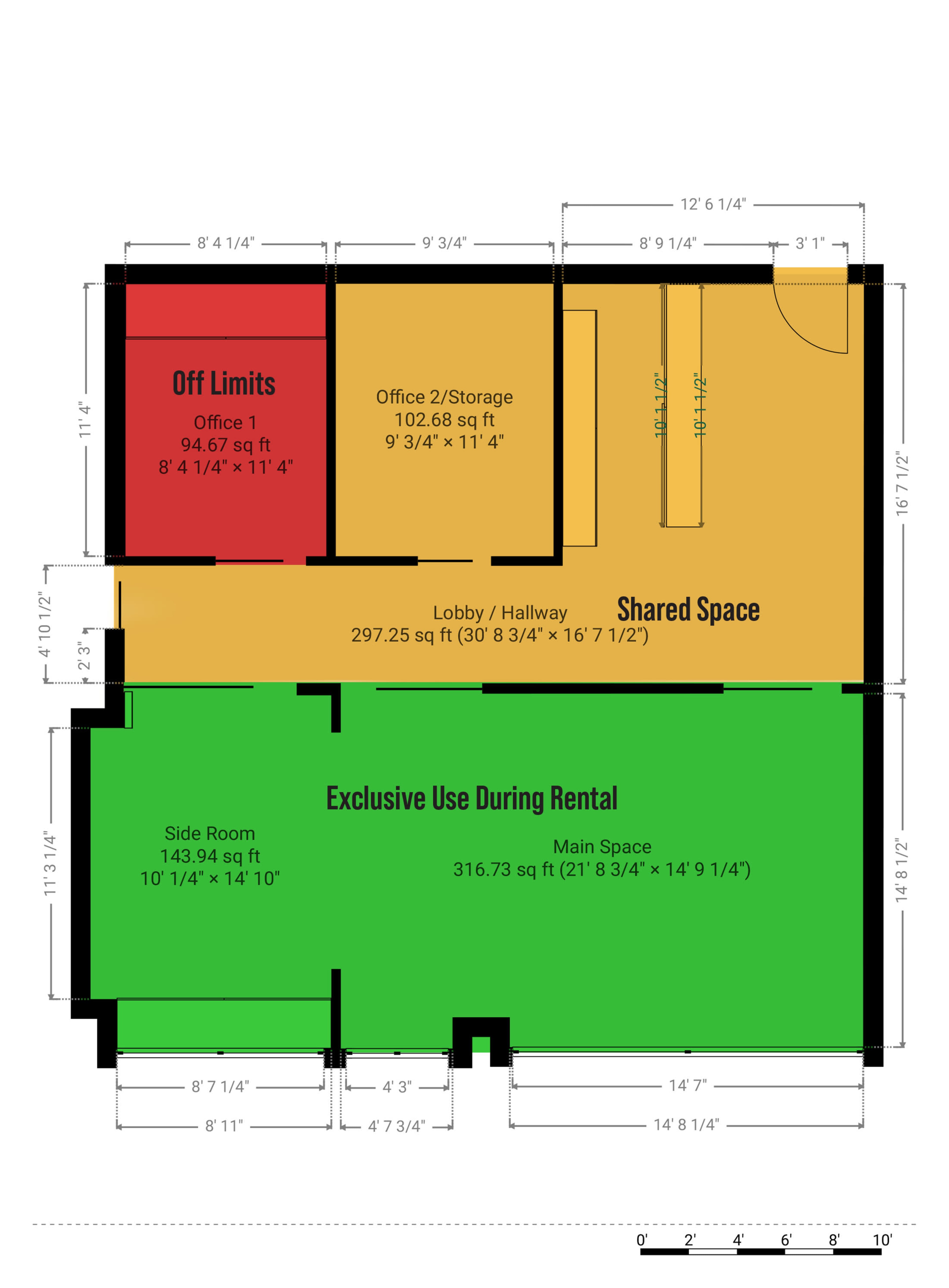 A labeled floor plan of a space with designated areas including an "Exclusive Use During Rental" section, "Shared Space," "Off Limits," and "Office" rooms, along with their respective measurements.