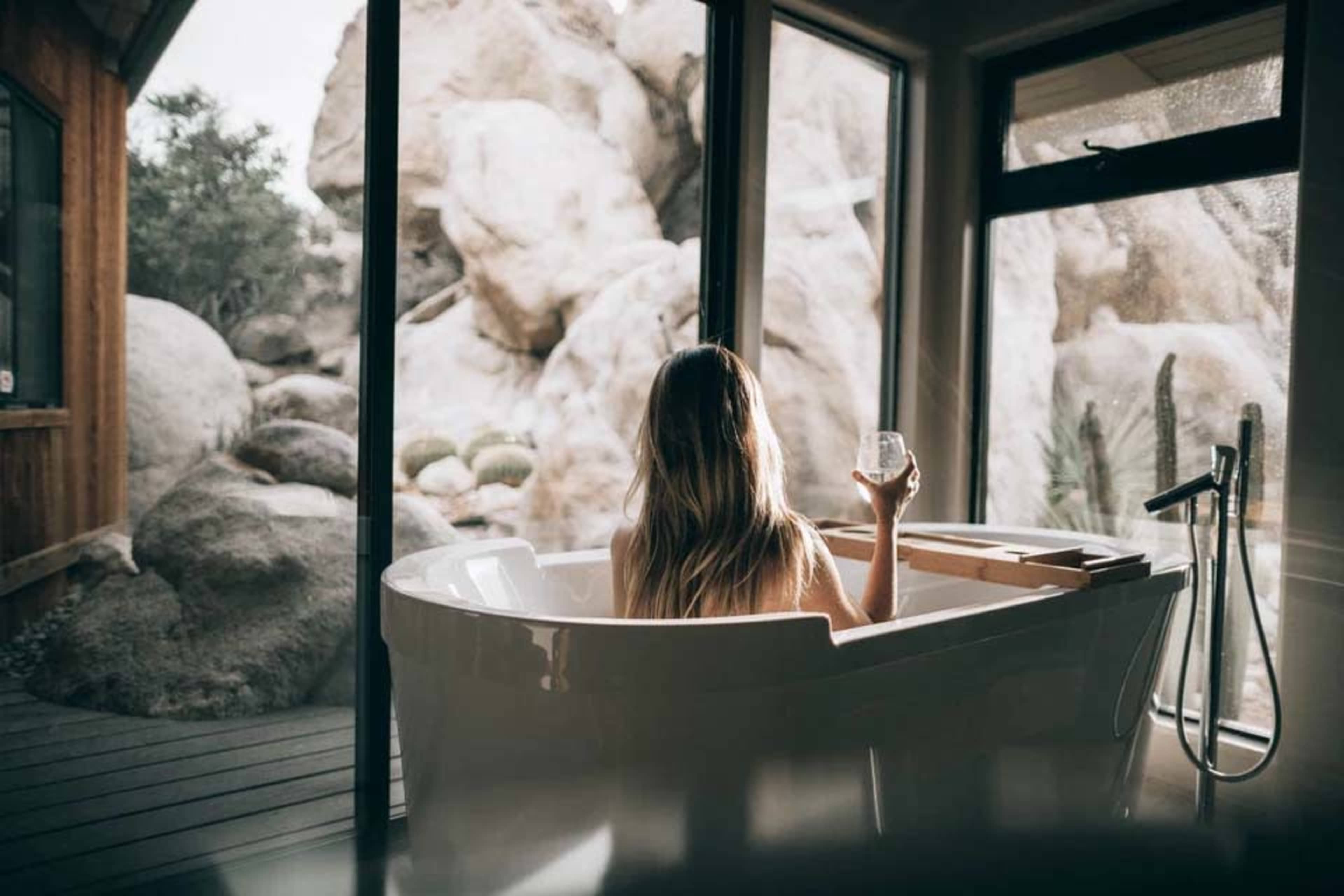 A person sits in a freestanding bathtub, holding a glass, with large windows revealing a rocky landscape outside.