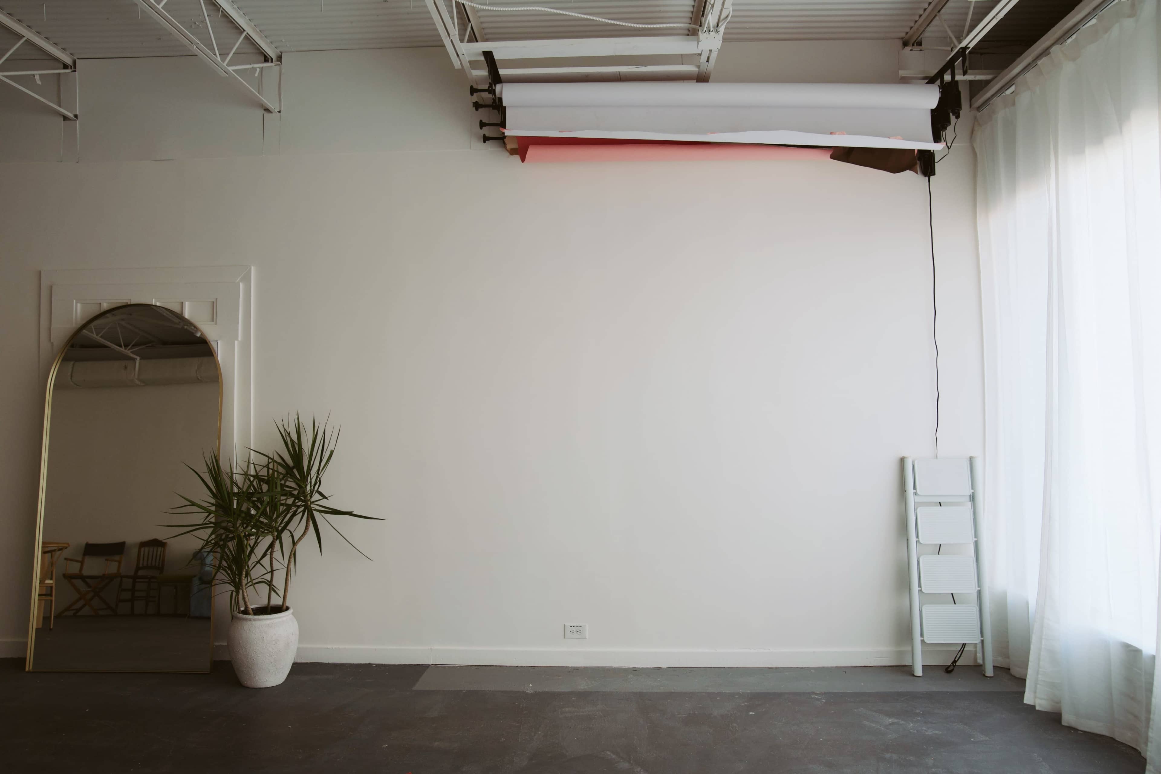 The image shows a simple interior space with a blank wall, a potted plant in the corner, a large mirror, and a soft curtain.