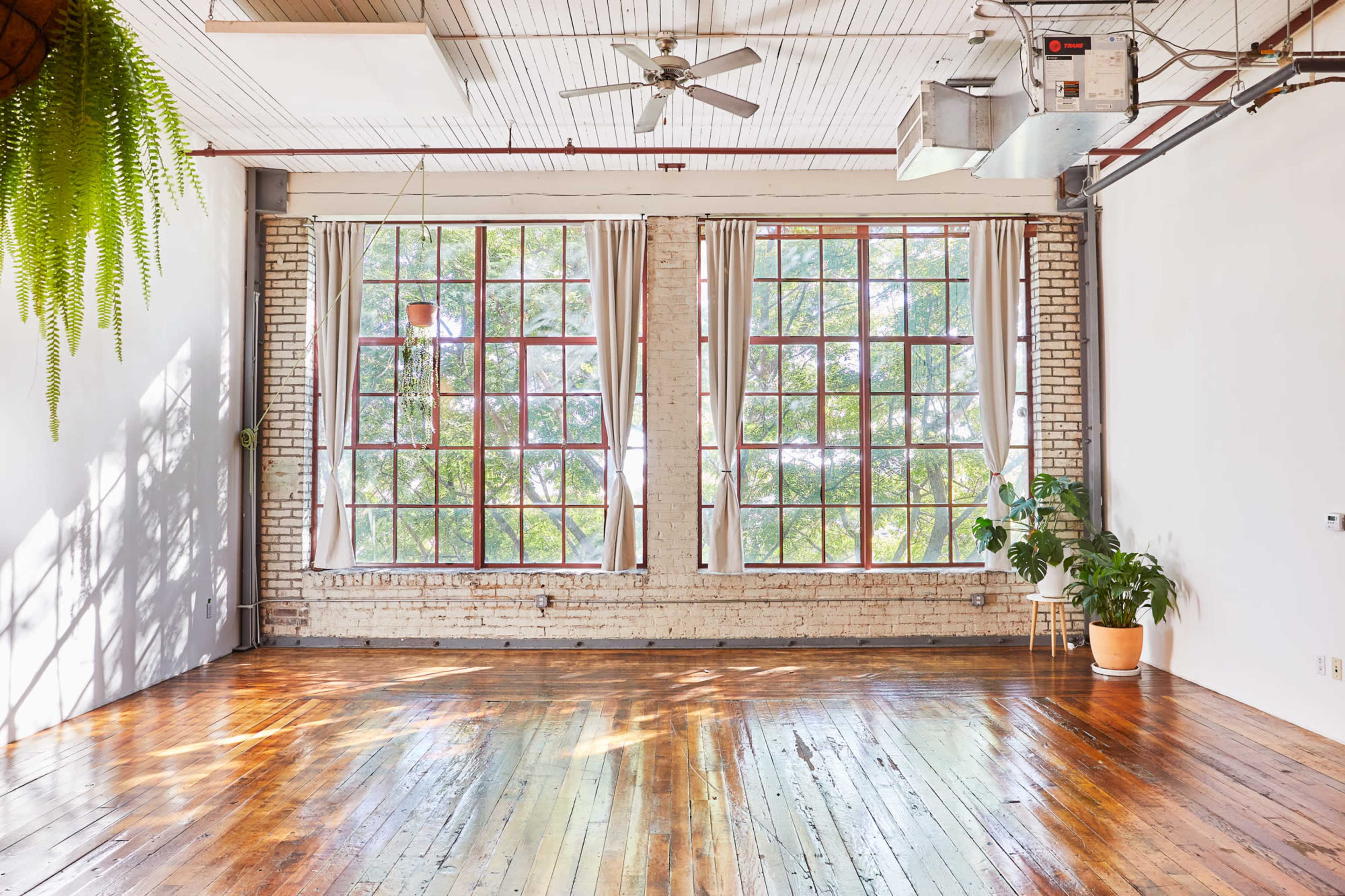 A spacious room with large windows, hardwood floors, and potted plants near the windows.