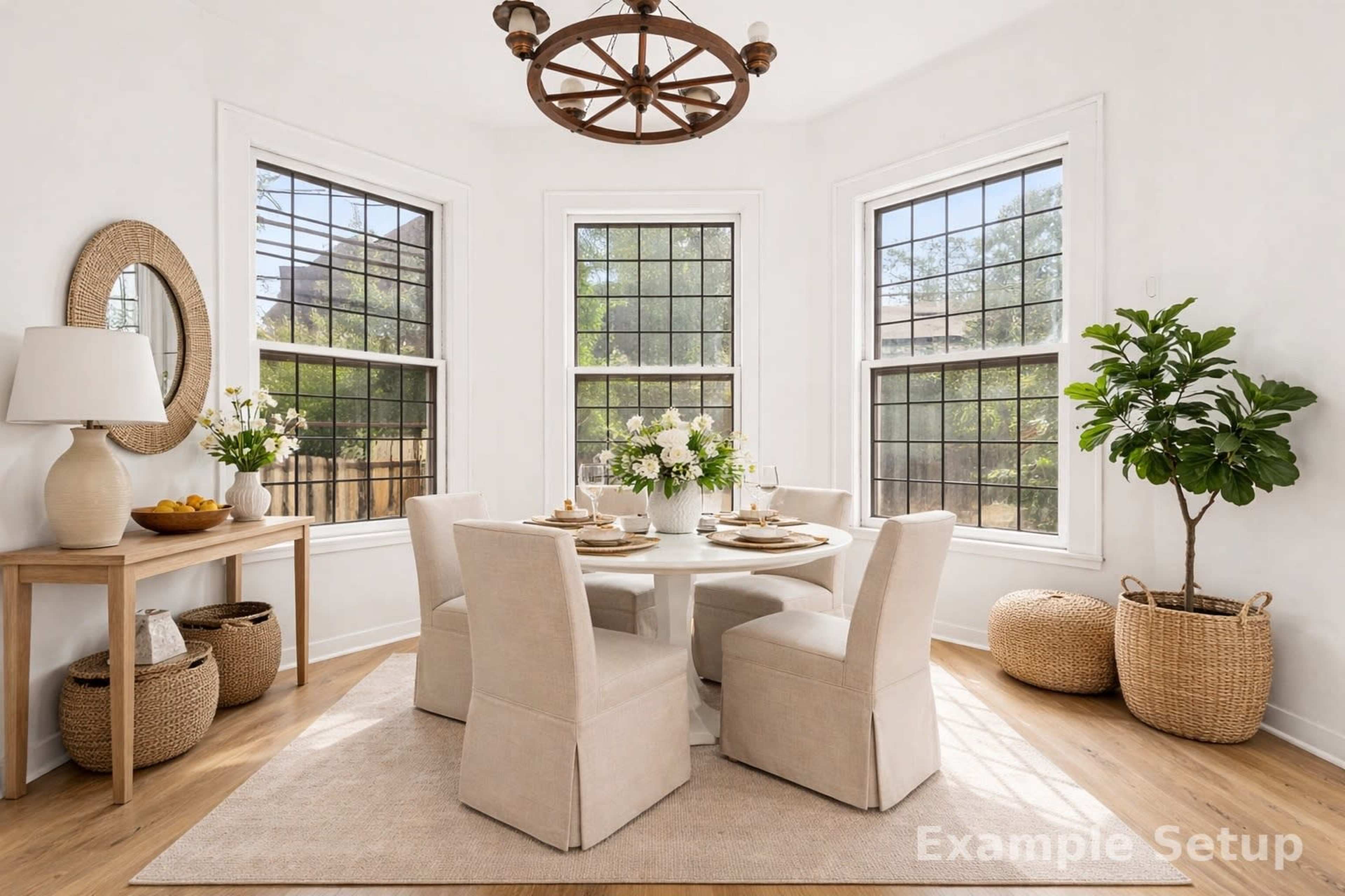 A bright dining area features a round table surrounded by upholstered chairs, with large windows allowing natural light and decorative plants enhancing the space.