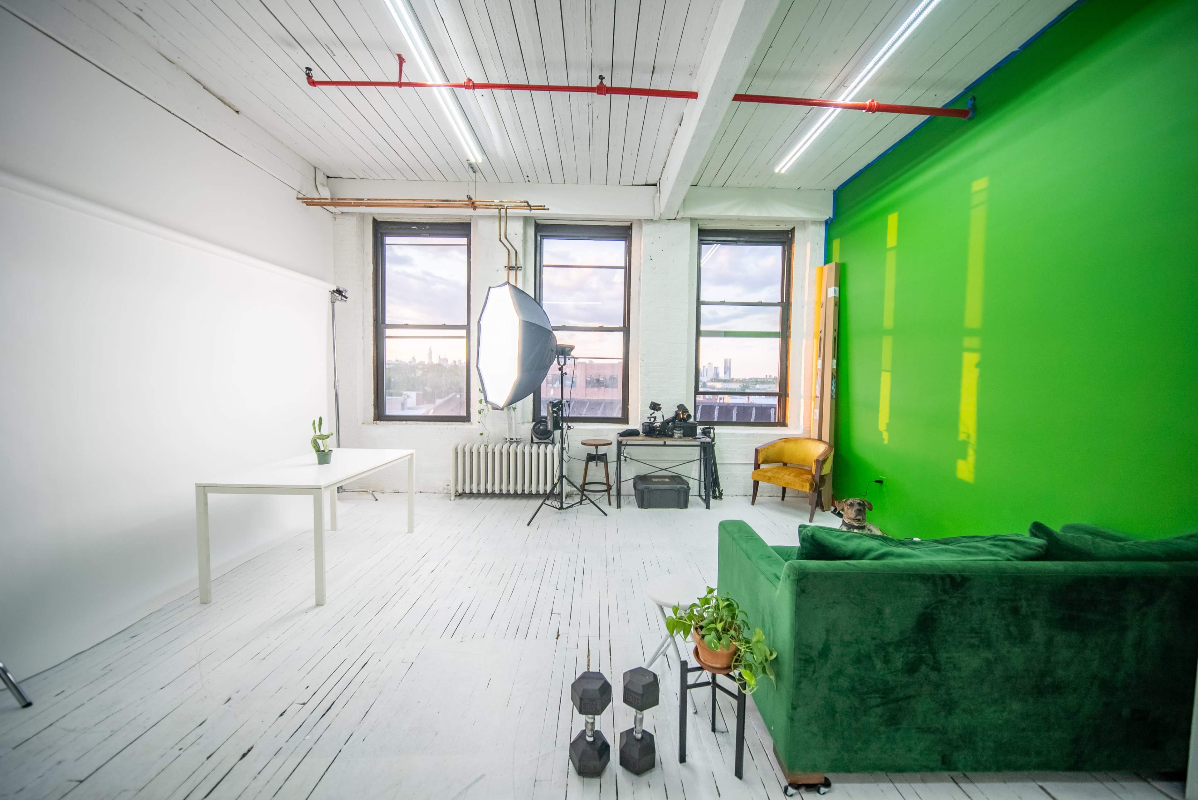 A bright studio space featuring a green backdrop, a white wall, a table with a plant, a large softbox light, and a green couch.