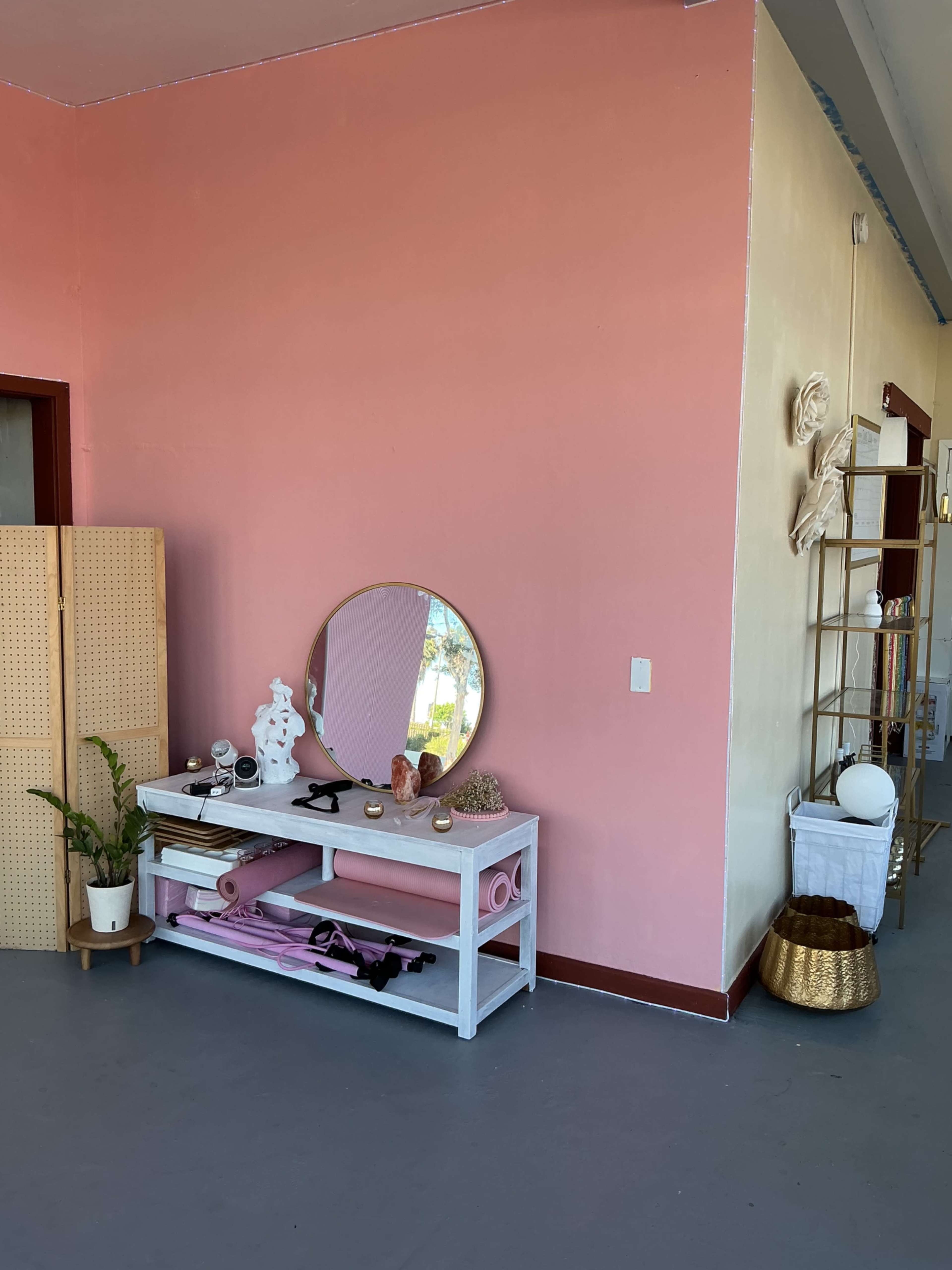 The image shows a room with a pink wall featuring a round mirror, a white console table with decorative items and plants, and a gold basket in the corner.