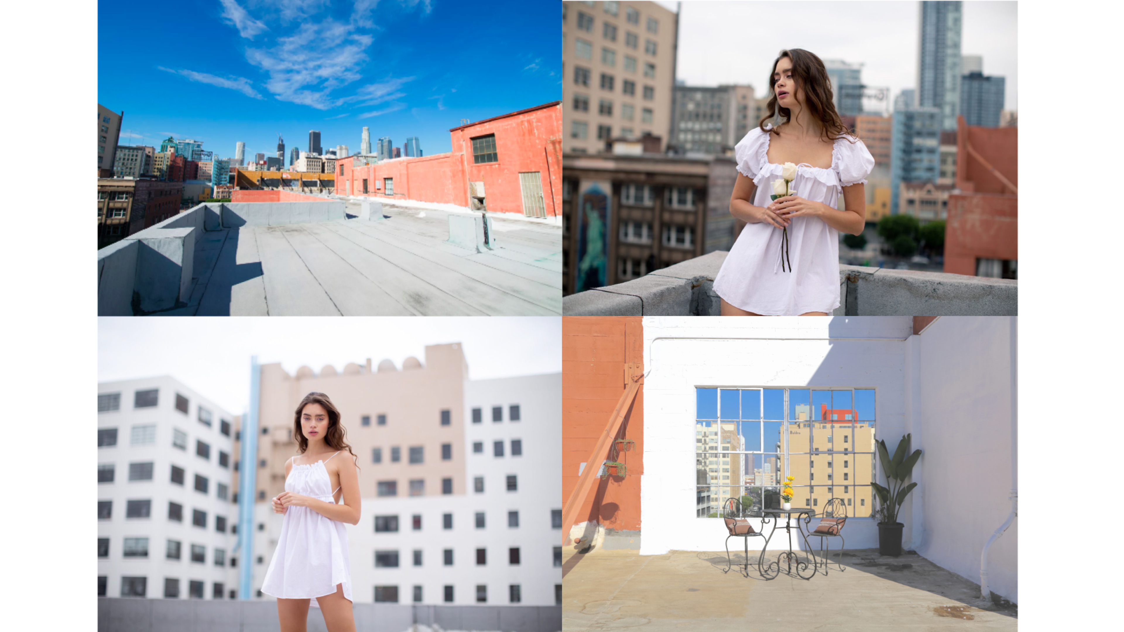 The image showcases a rooftop setting with a city skyline in the background, featuring a woman in a white dress holding flowers, alongside various angles of the rooftop and buildings.