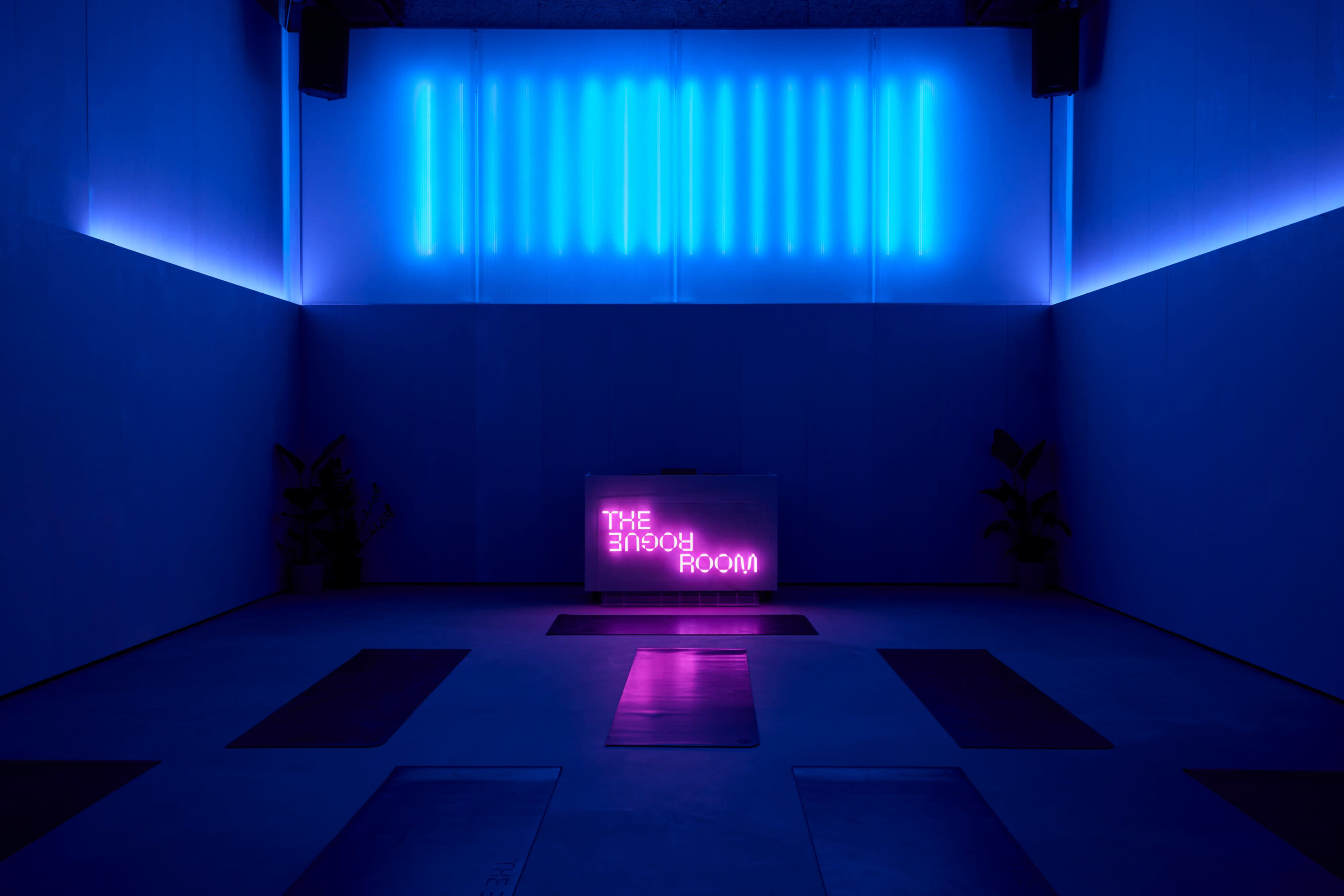 The image shows a dimly lit room with blue and violet neon lights, featuring a sign that reads "THE ENJOY ROOM" against a minimalist backdrop.