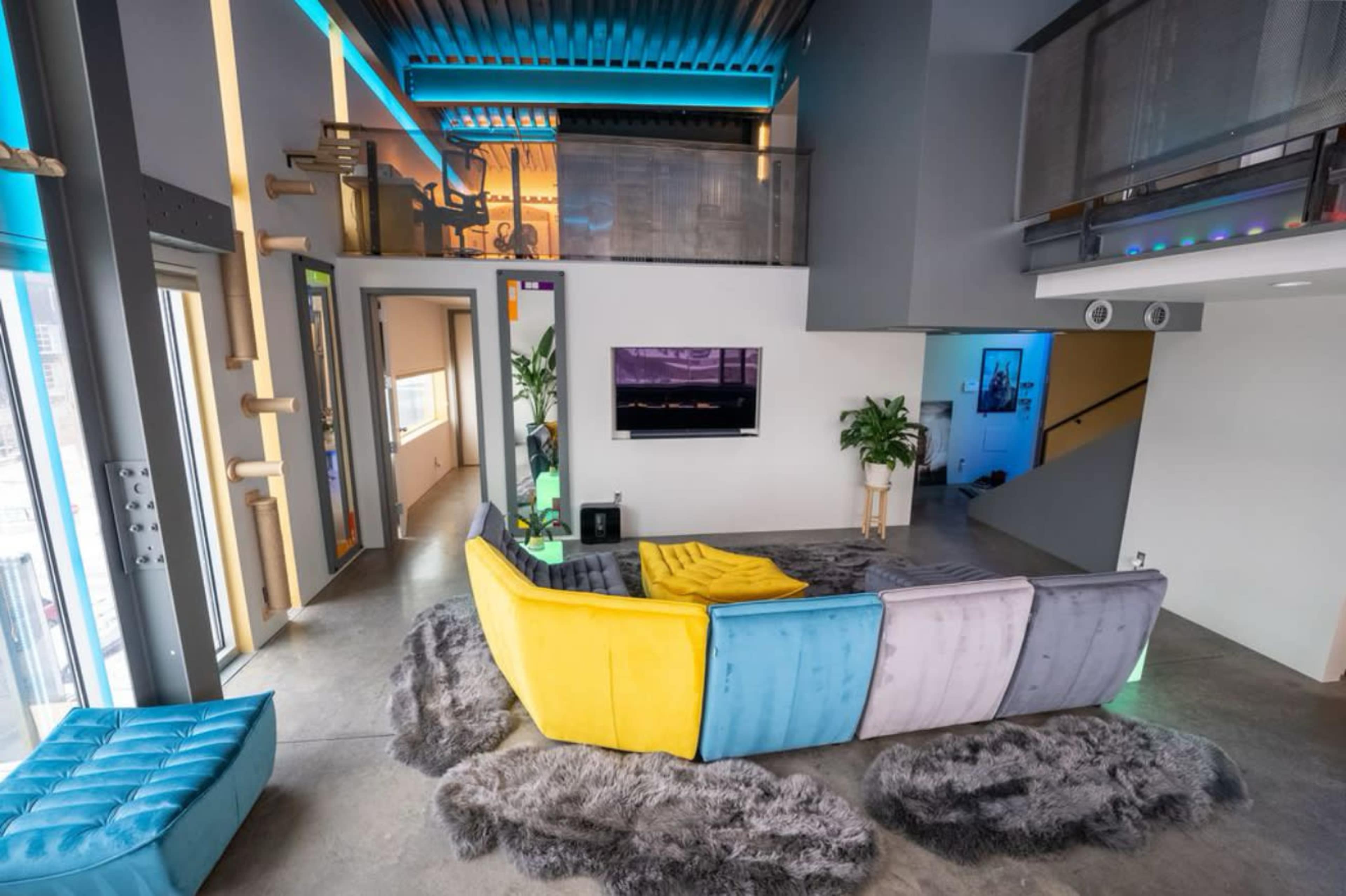 The image features a modern living room with a colorful sectional sofa, a large television mounted on the wall, and concrete flooring with a fuzzy area rug.