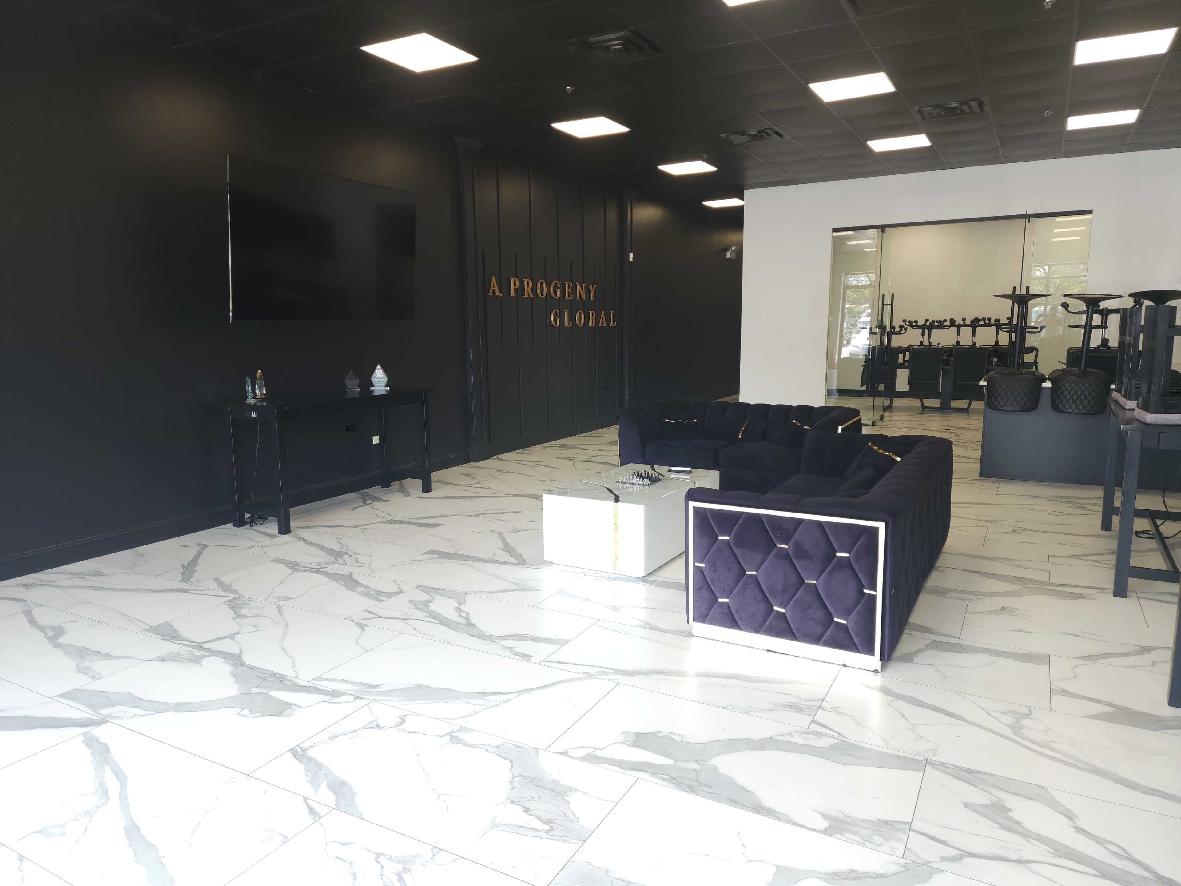 The image shows a modern, minimalist reception area featuring a dark wall with the words "A Progeny Global," a large flat-screen TV, a blue velvet sofa, and a white coffee table on a marble floor.