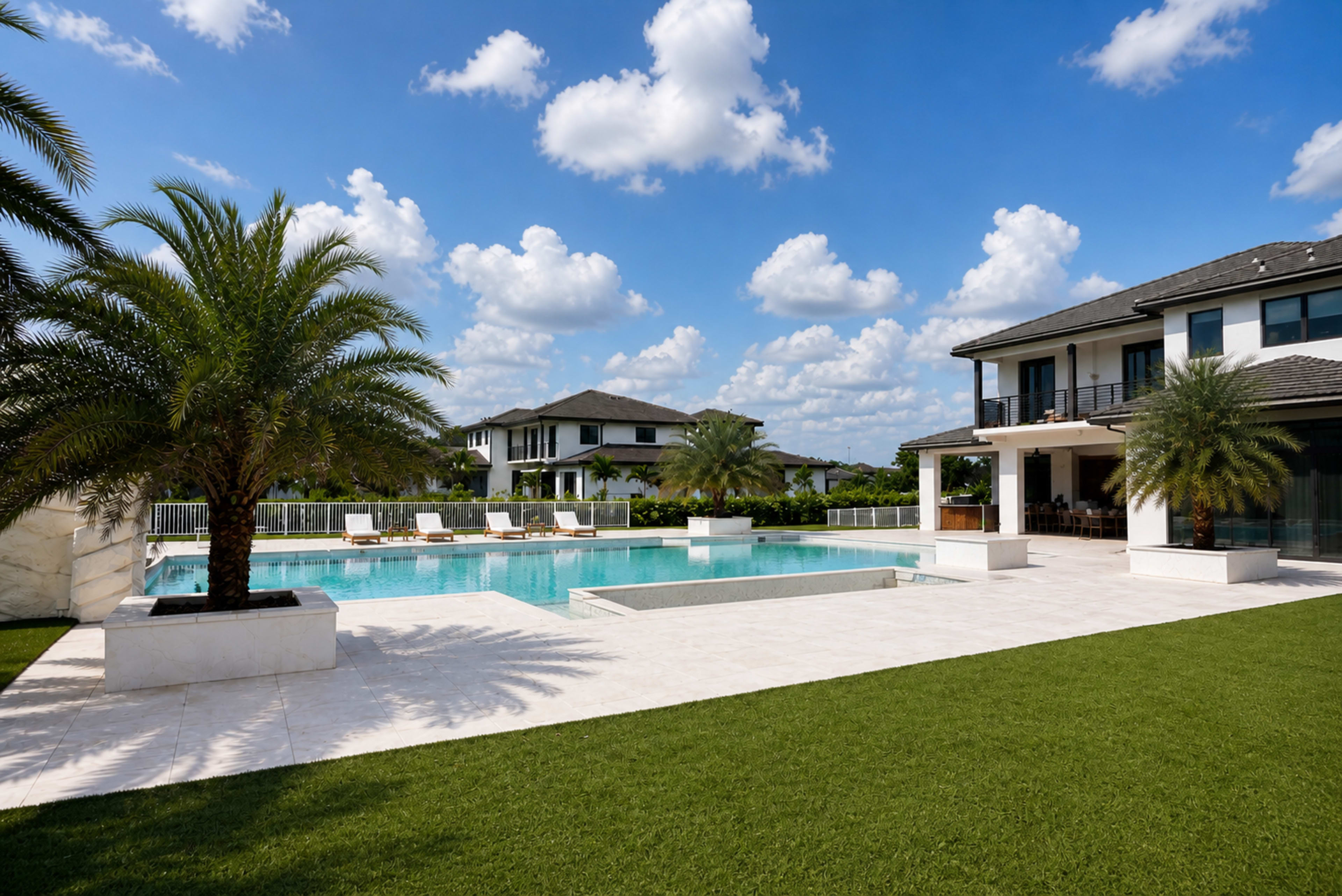 A modern house with a swimming pool and palm trees is set against a backdrop of blue skies and scattered clouds.