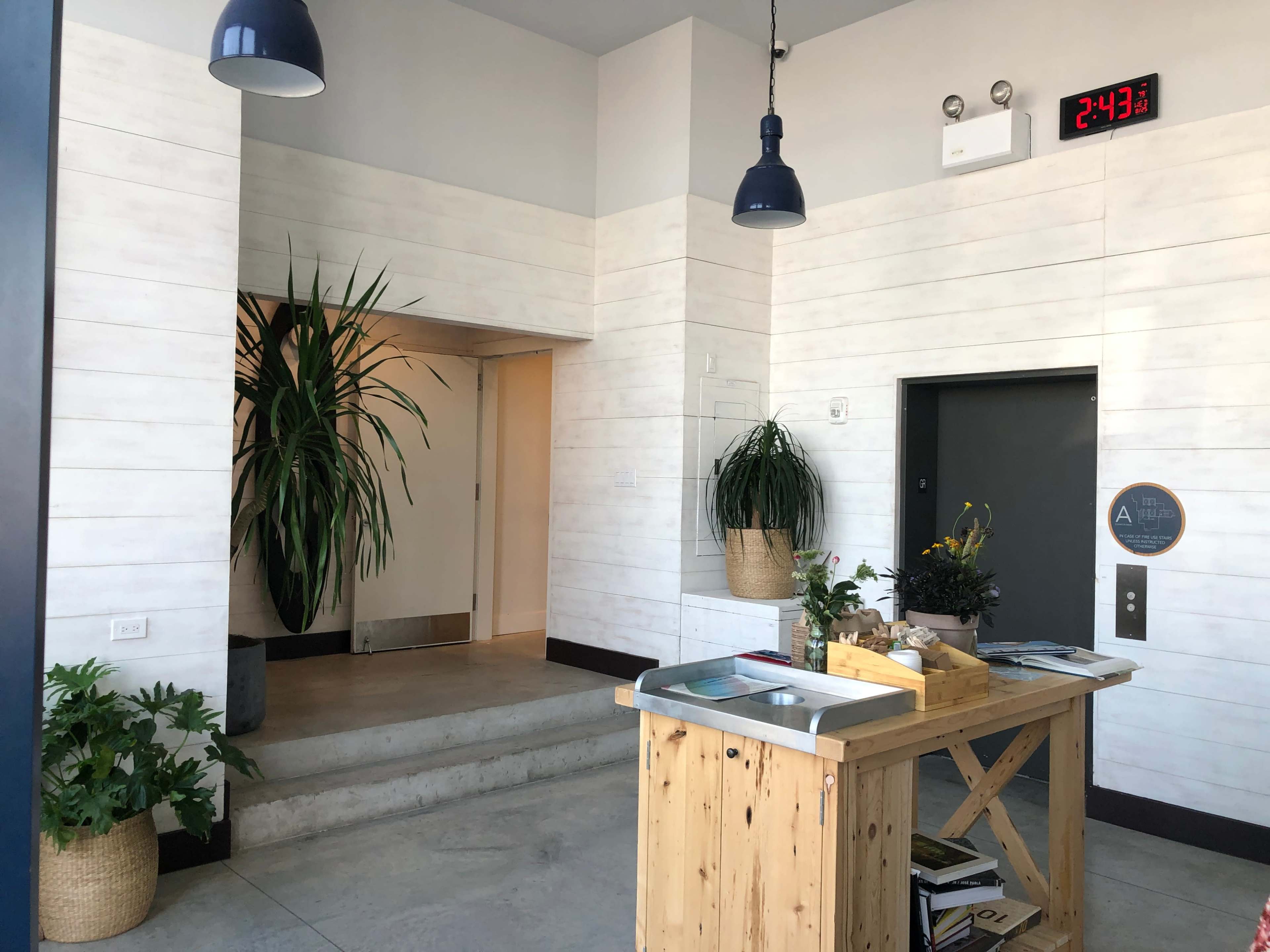 A simple reception area with a wooden counter, a potted plant, an elevator, and large overhead light fixtures.
