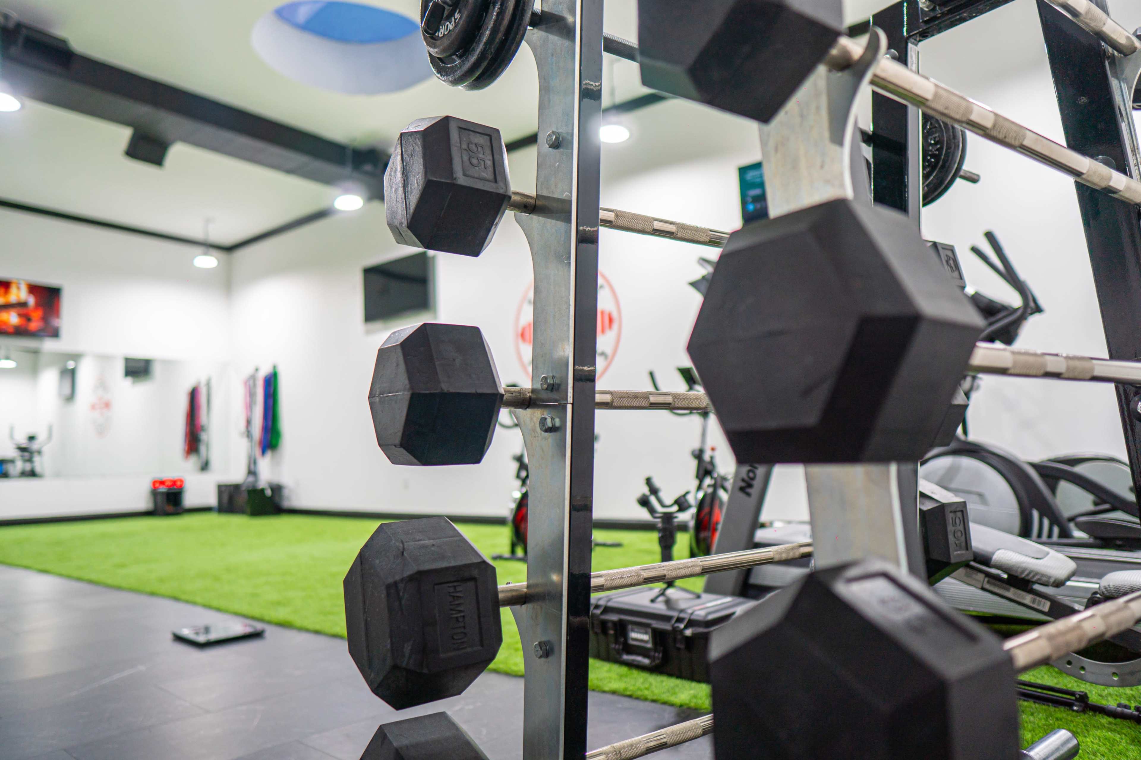 A fitness studio with a focus on a rack of hexagonal dumbbells, green turf, and various exercise equipment in the background.