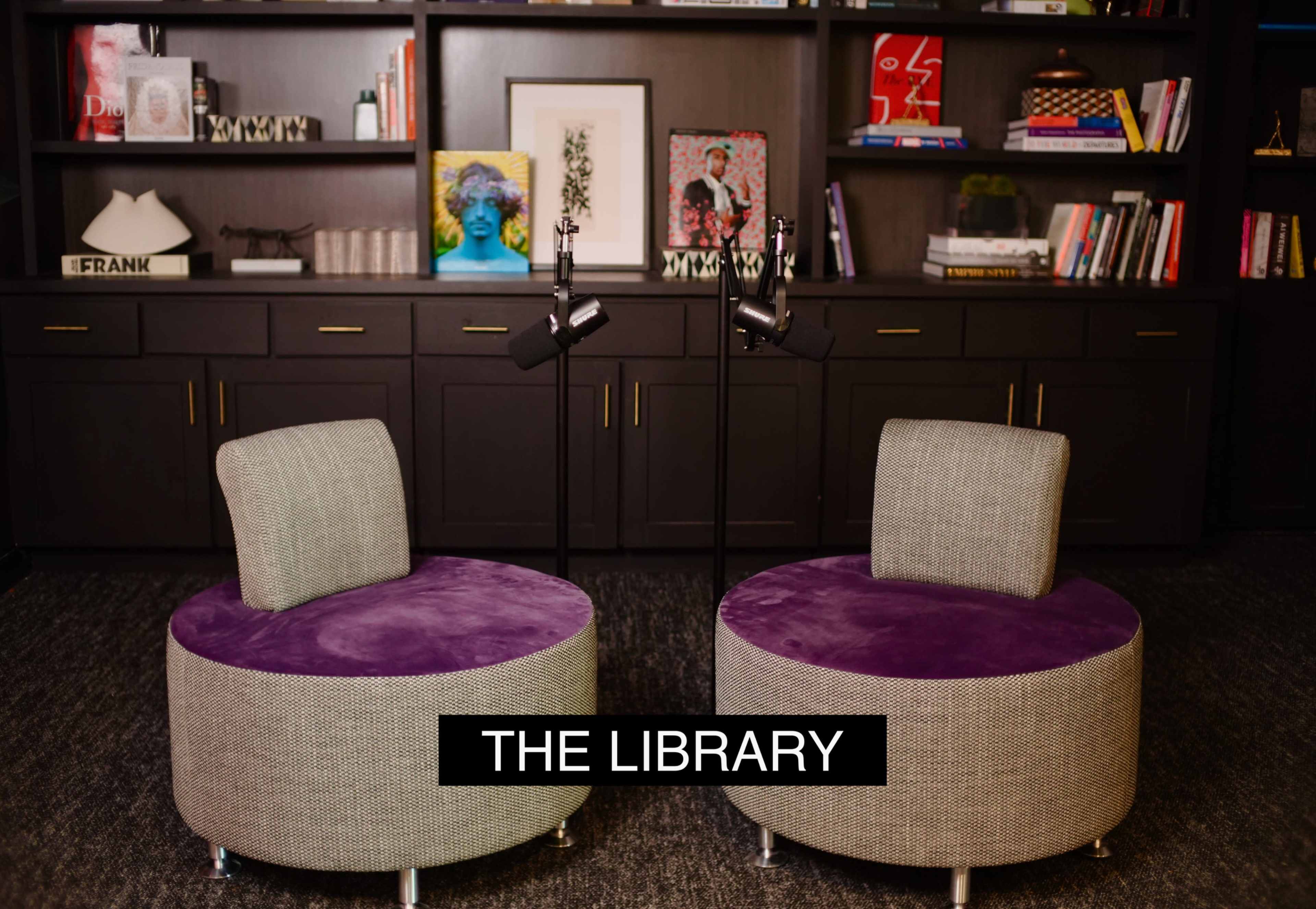 The image shows two round chairs with a gray and purple design positioned in front of a dark shelving unit filled with books and decorative items.