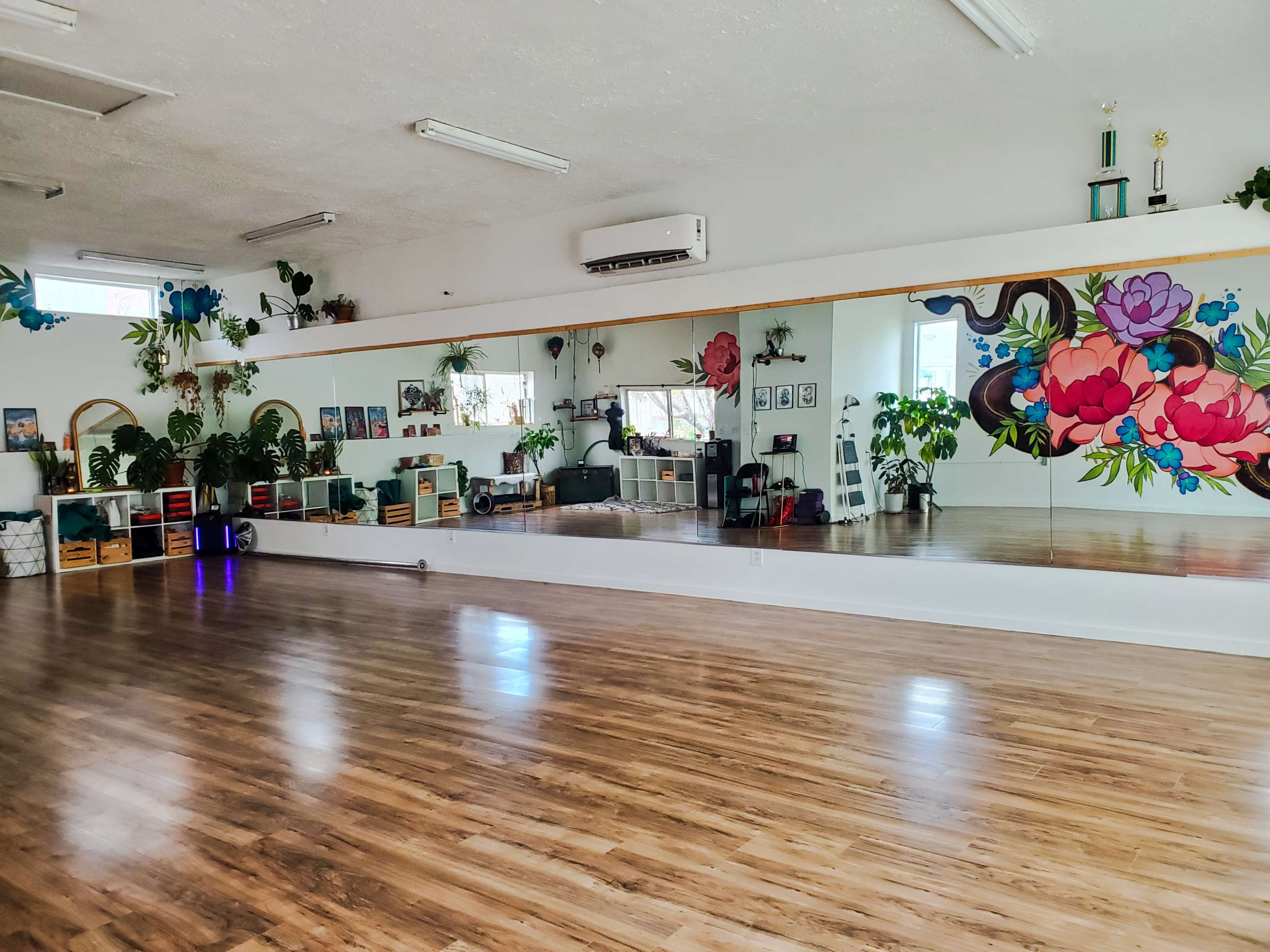 A spacious dance studio with a large mirror, wooden flooring, and colorful wall murals featuring flowers and plants.