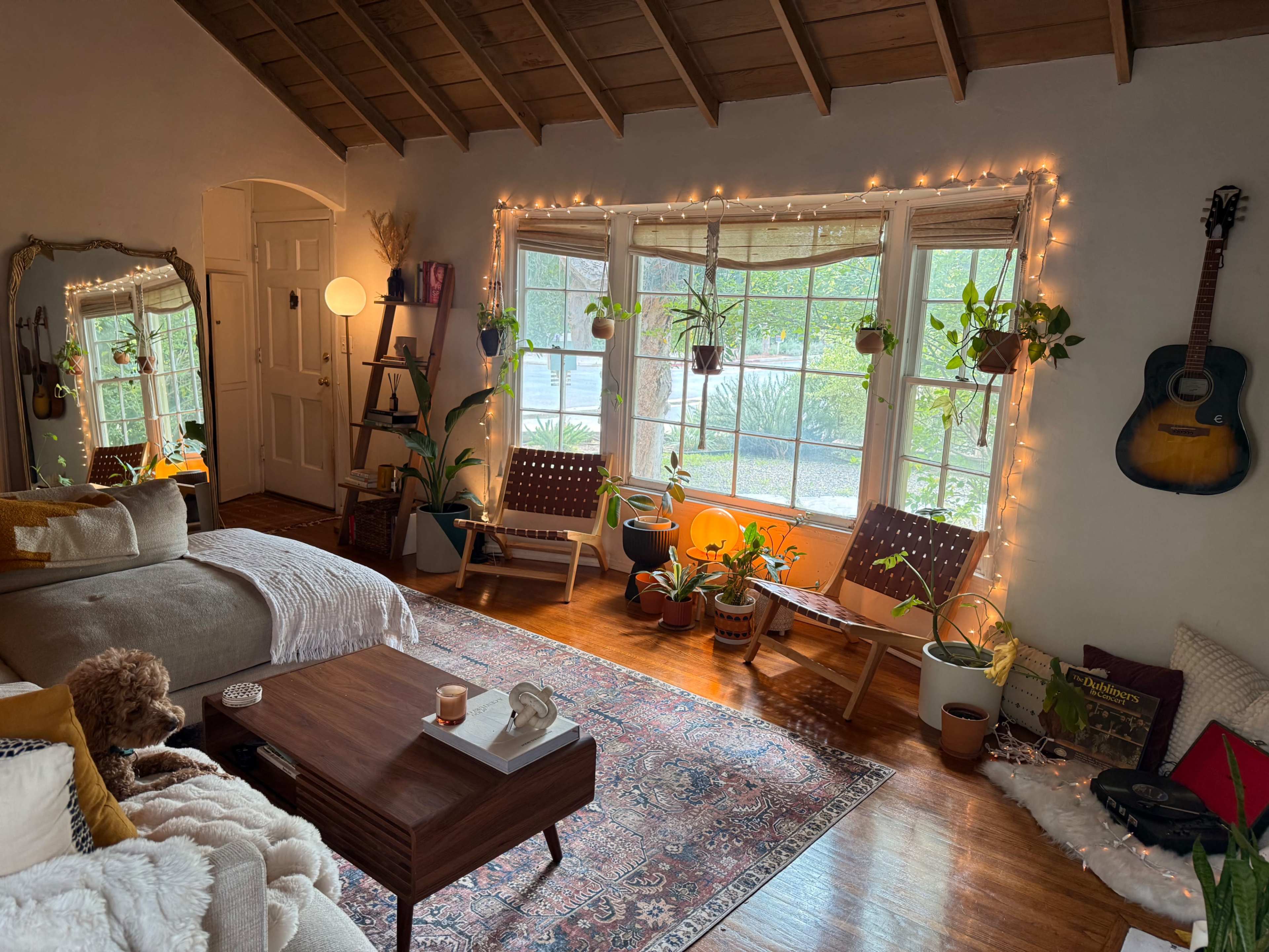 A cozy living room features a bed, a wooden coffee table, multiple plants in the windows, and a guitar hanging on the wall, all adorned with string lights.
