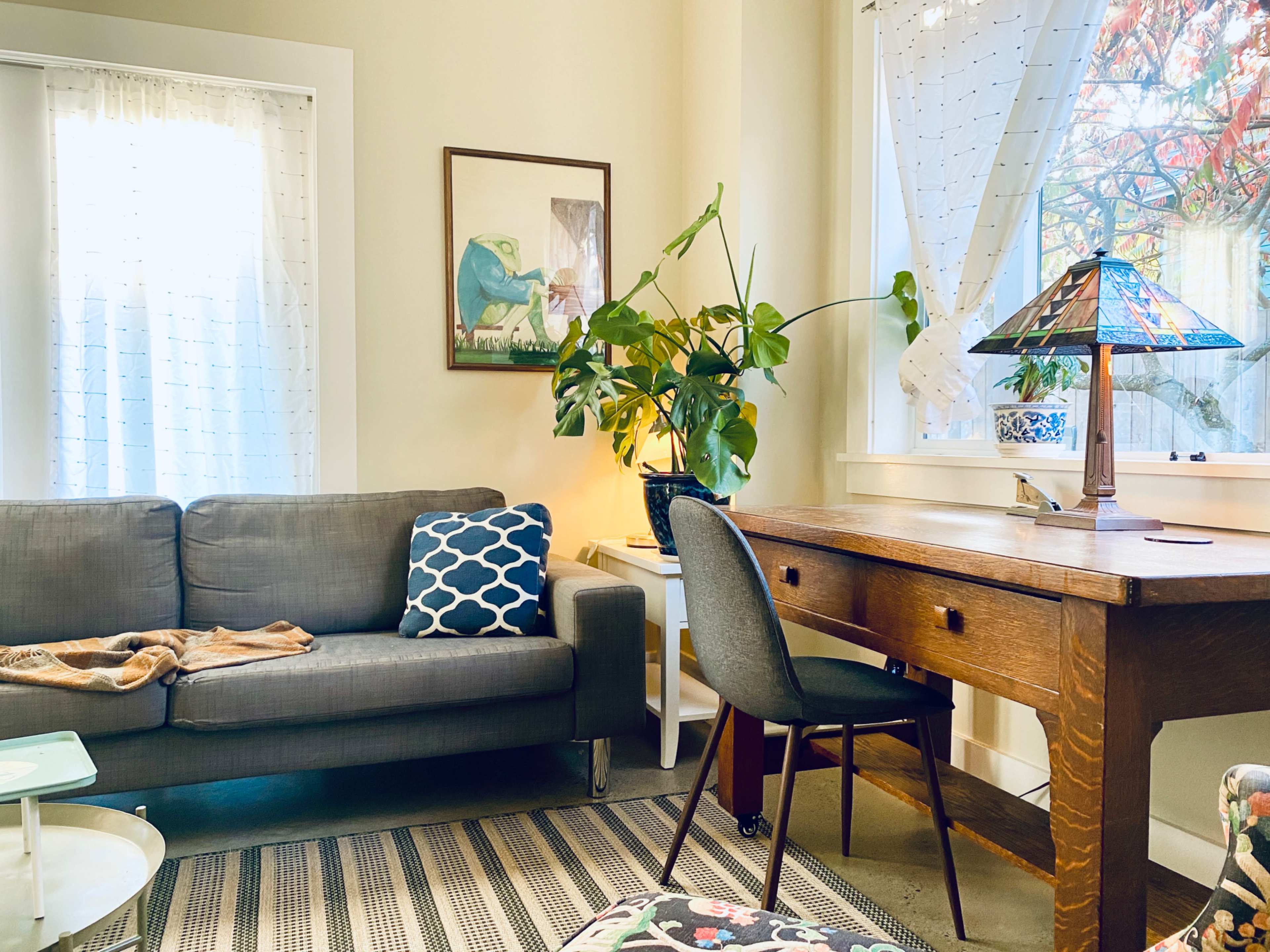 A cozy living room features a gray sofa with decorative pillows, a wooden desk with a chair, and a large potted plant beside a window with sheer curtains.
