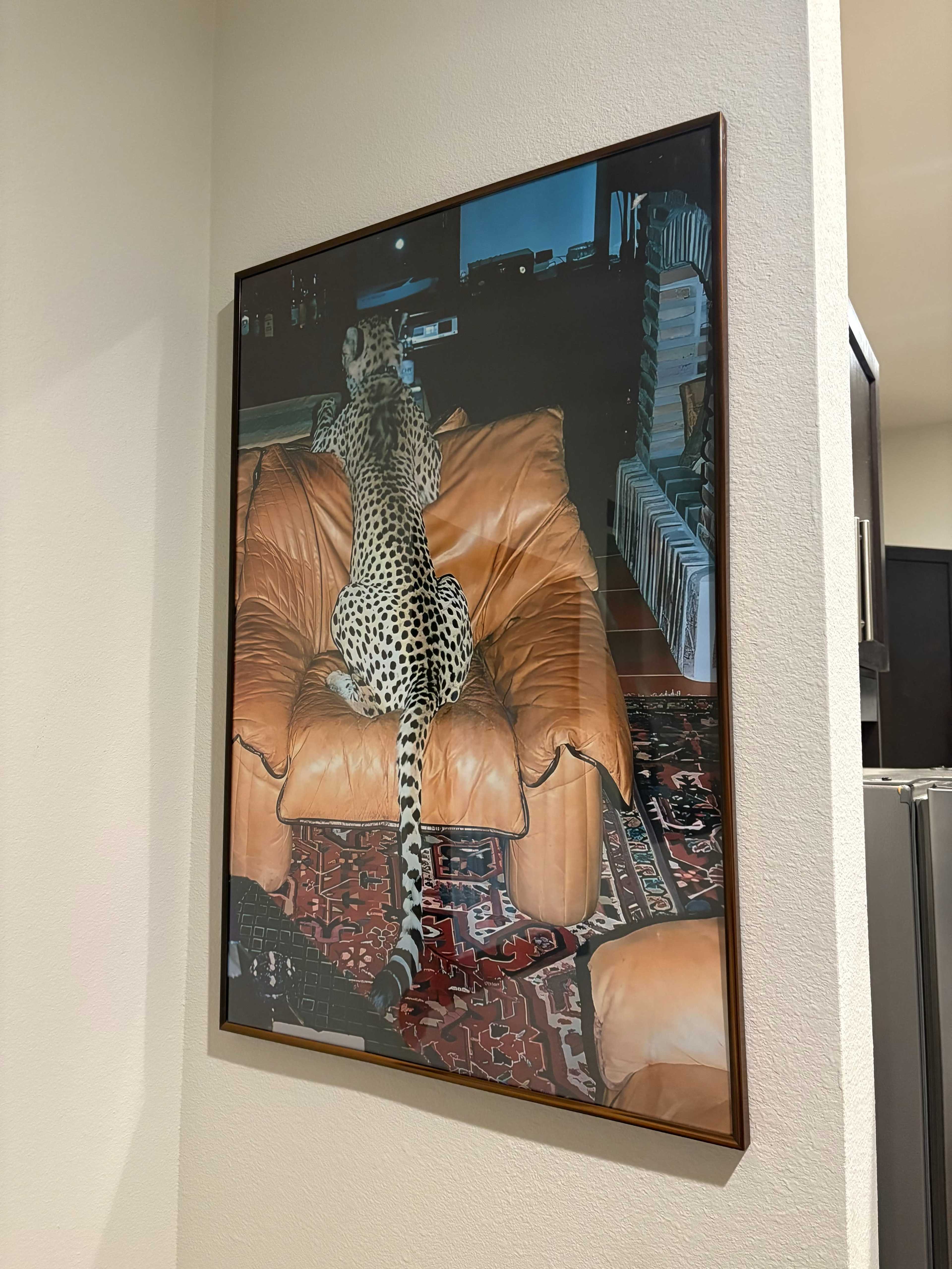The image shows a framed picture of a cheetah lounging on a large, orange sofa in a living room setting.