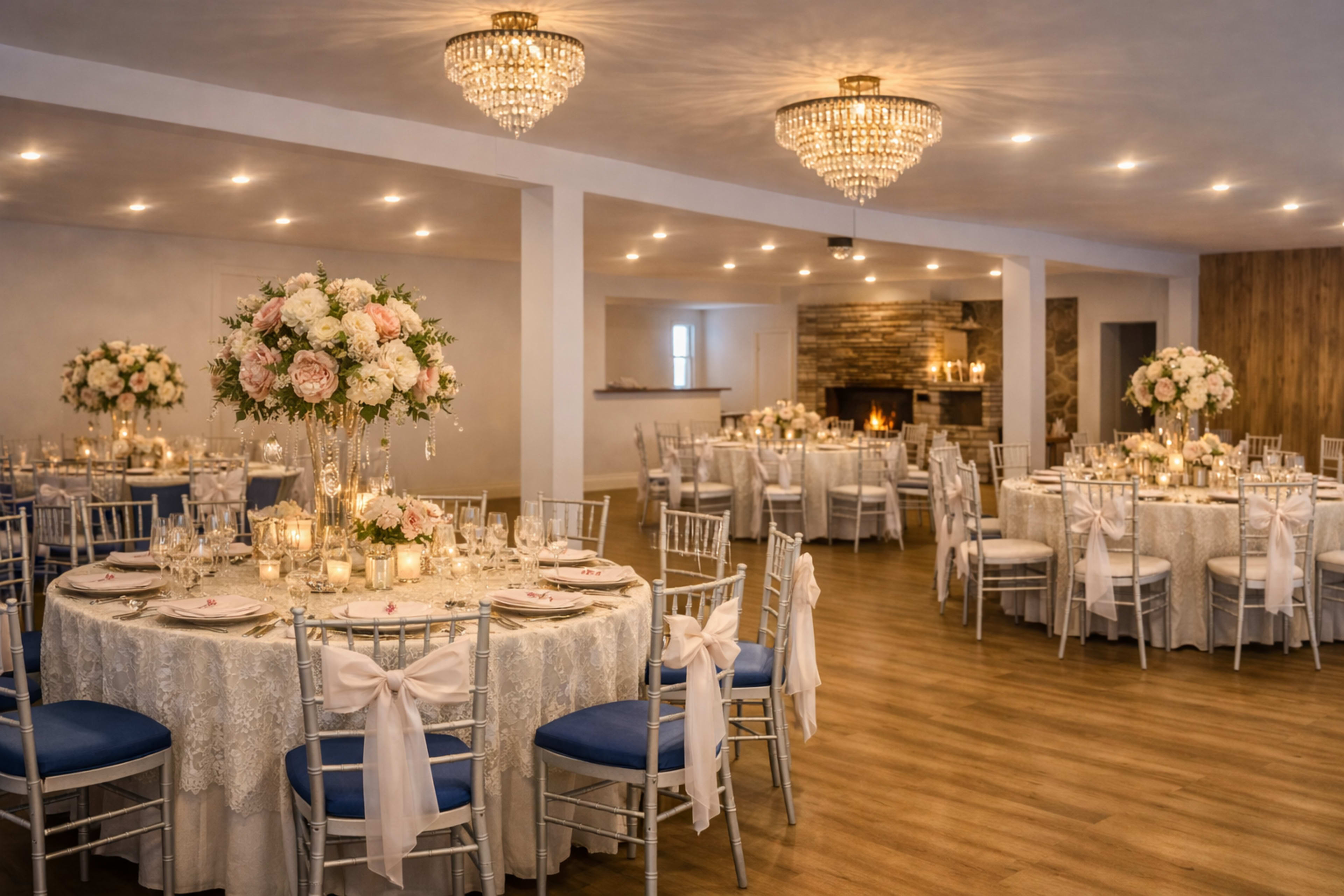 The image shows a spacious banquet hall set up for a formal event, featuring round tables with white lace tablecloths, floral centerpieces, and elegant chandeliers overhead.