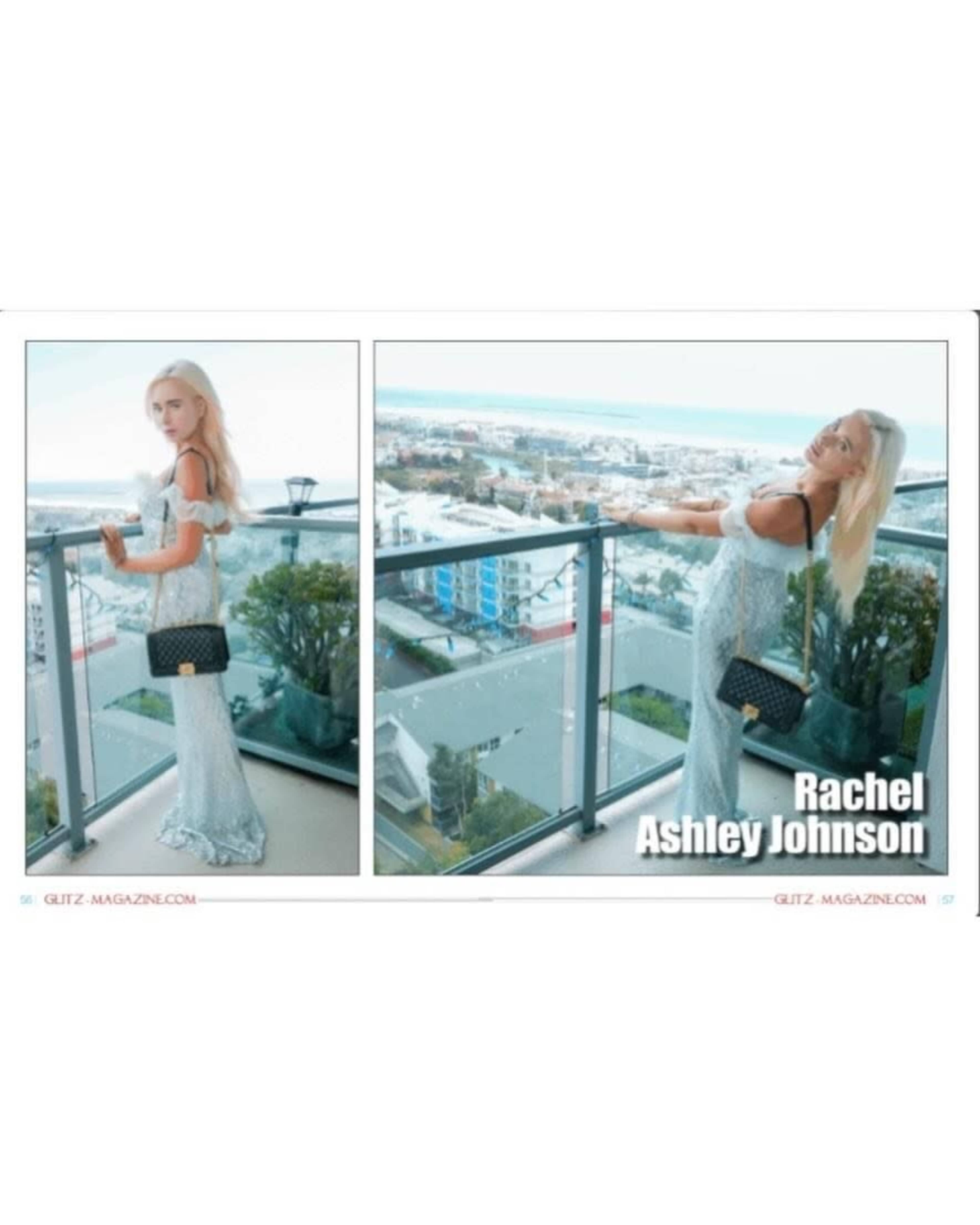 A woman in a silver dress poses on a balcony overlooking a cityscape.