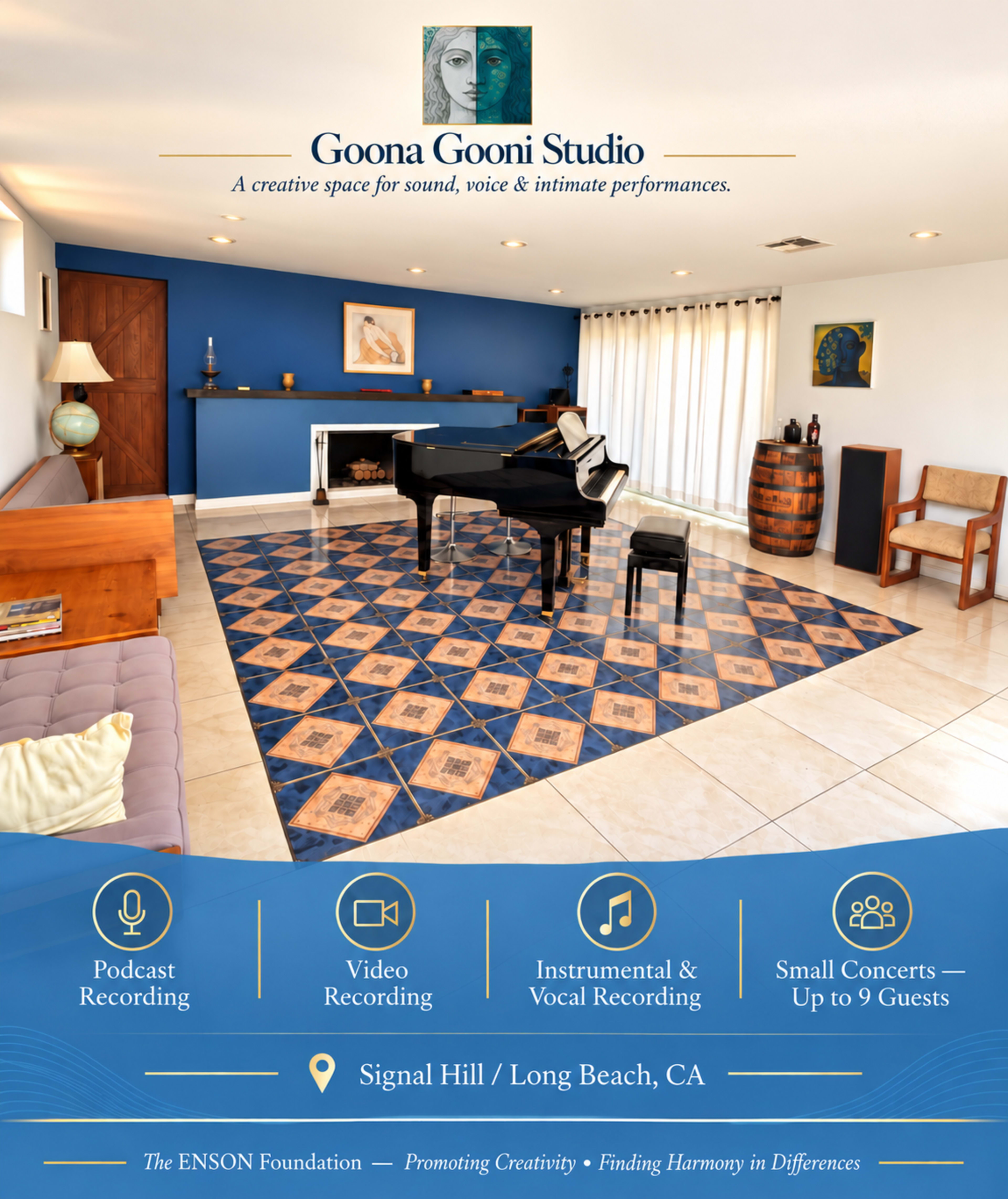 The image shows a spacious studio with a grand piano, wooden seating, and a decorative rug, designed for sound and music recordings.