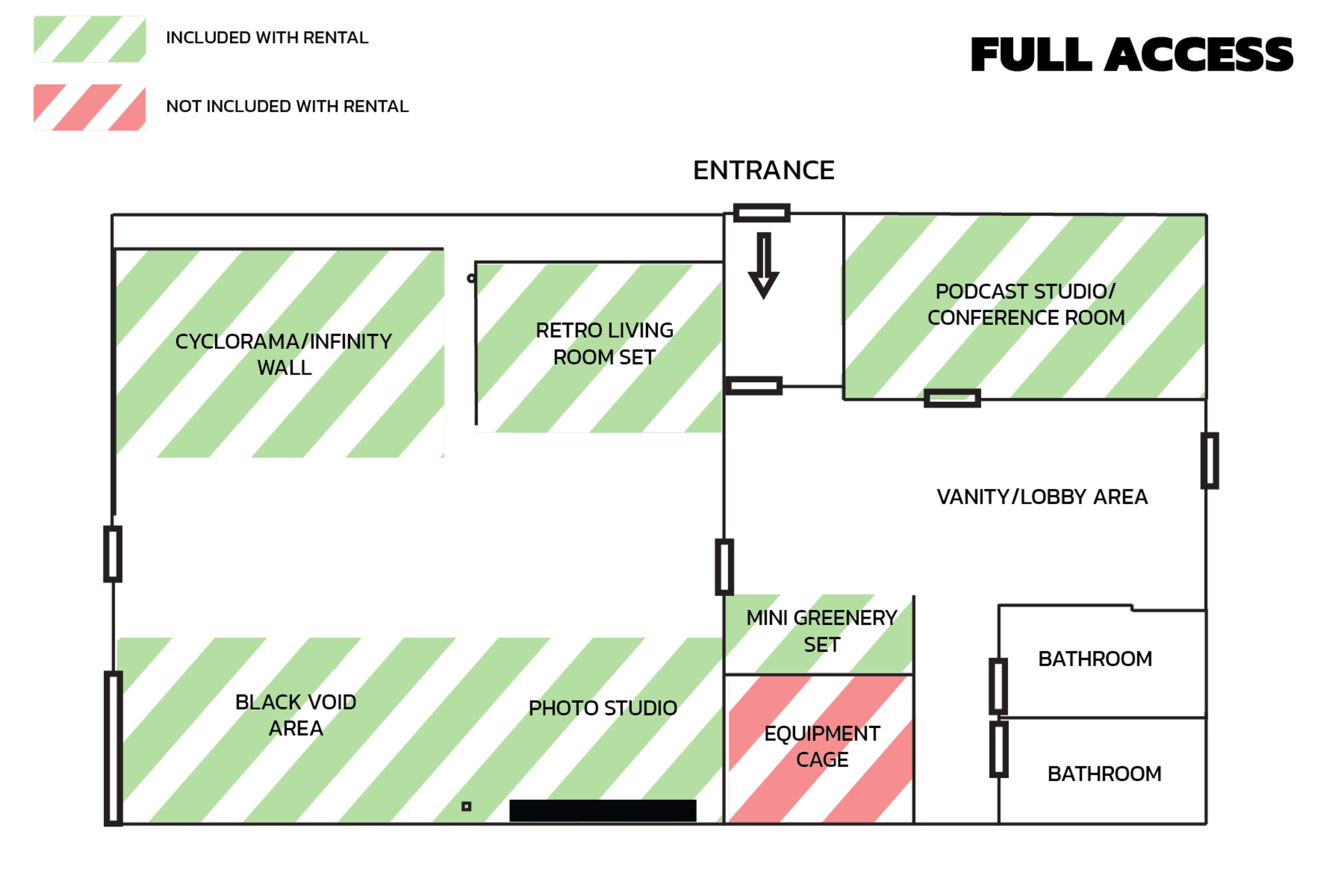 The diagram outlines the layout of a rental space, indicating areas included and not included with rental, such as a podcast studio, photo studio, and greenery sections.