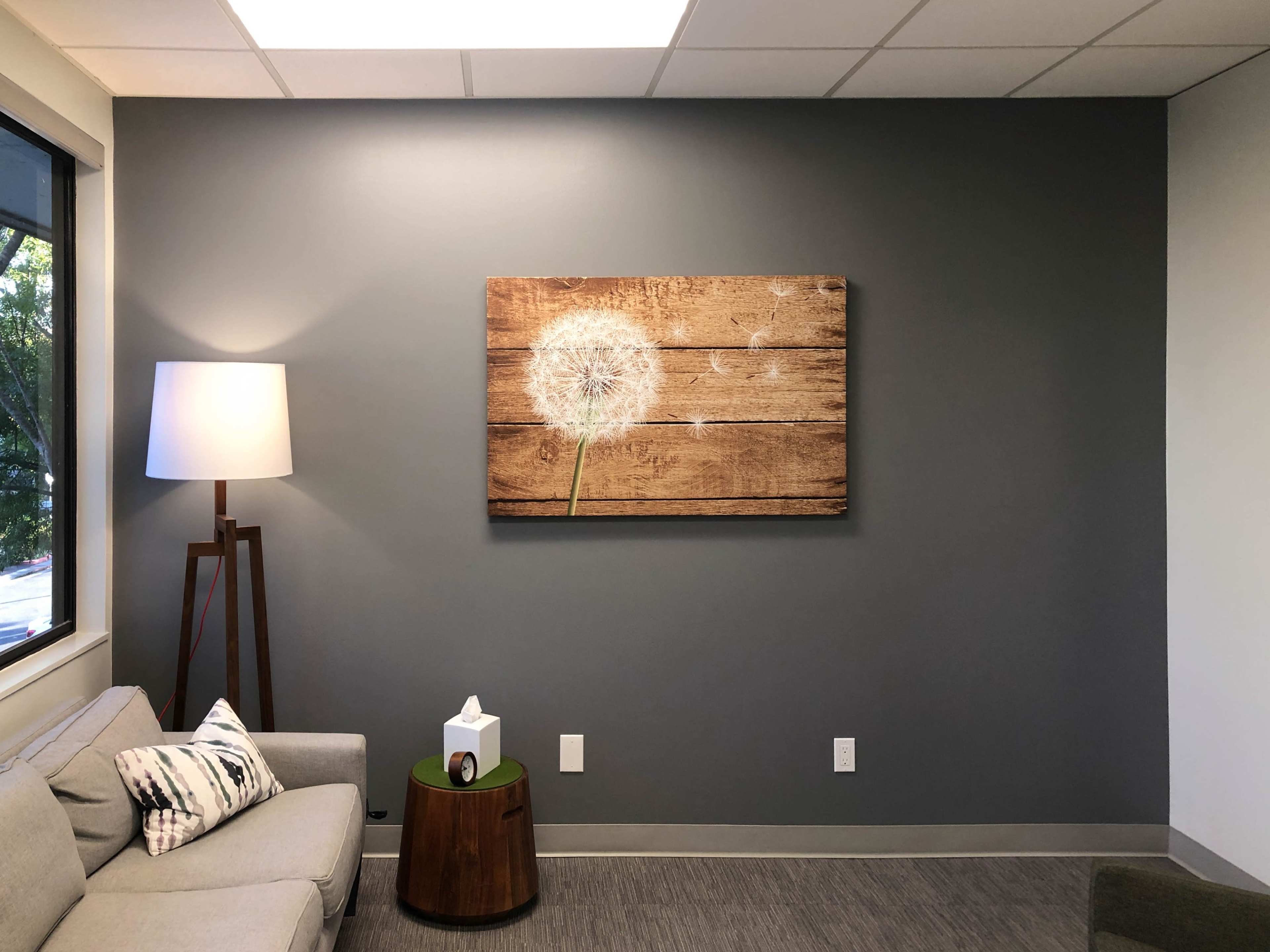 A dandelion print is displayed on a gray wall above a couch in a modern, well-lit room with a lamp and a small wooden table.
