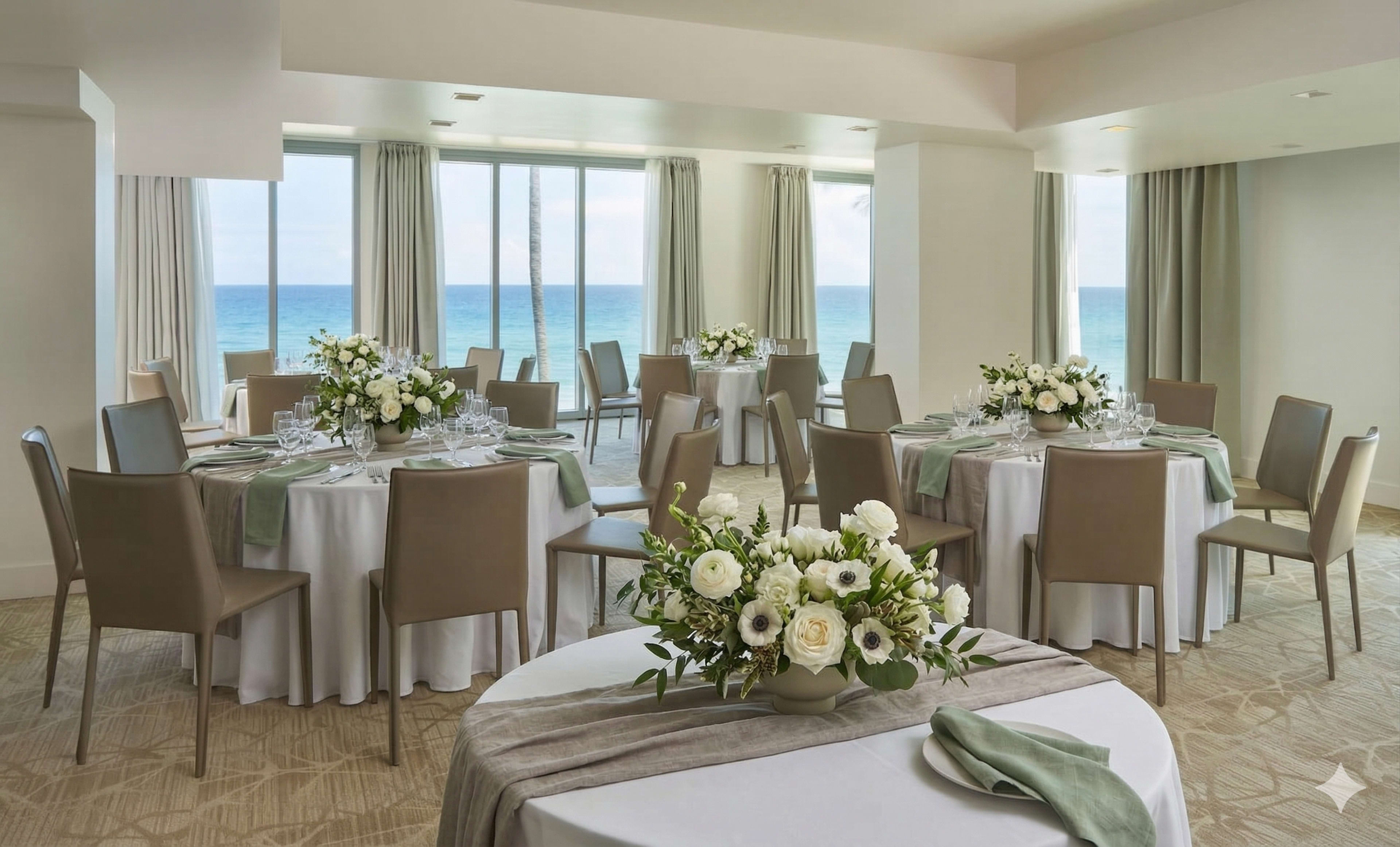 The image shows a well-lit event space with round tables adorned with white tablecloths and floral centerpieces, overlooking a view of the ocean through large windows.