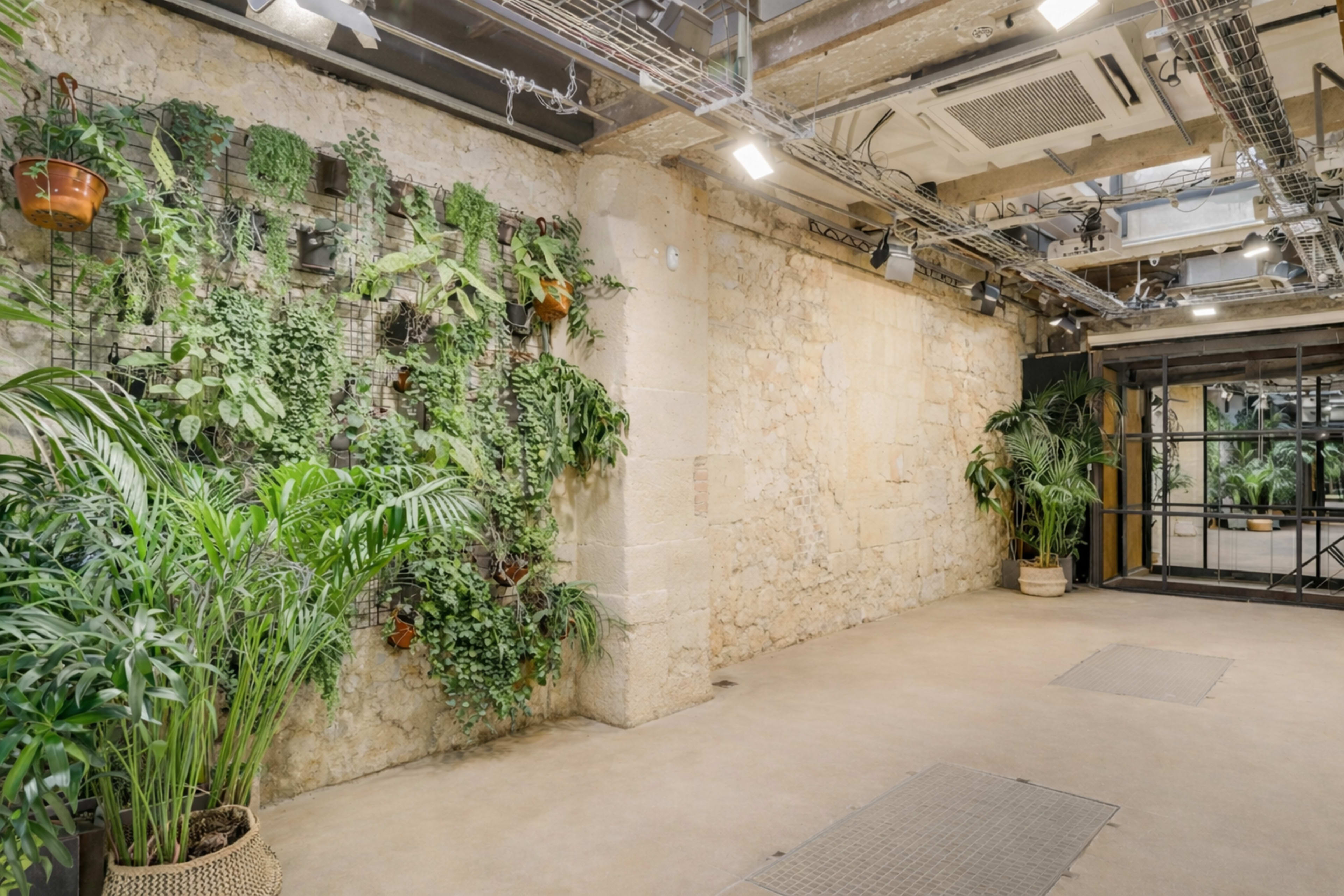 The image shows a spacious interior with a stone wall adorned with a vertical garden of various plants, surrounded by additional greenery and industrial-style lighting.