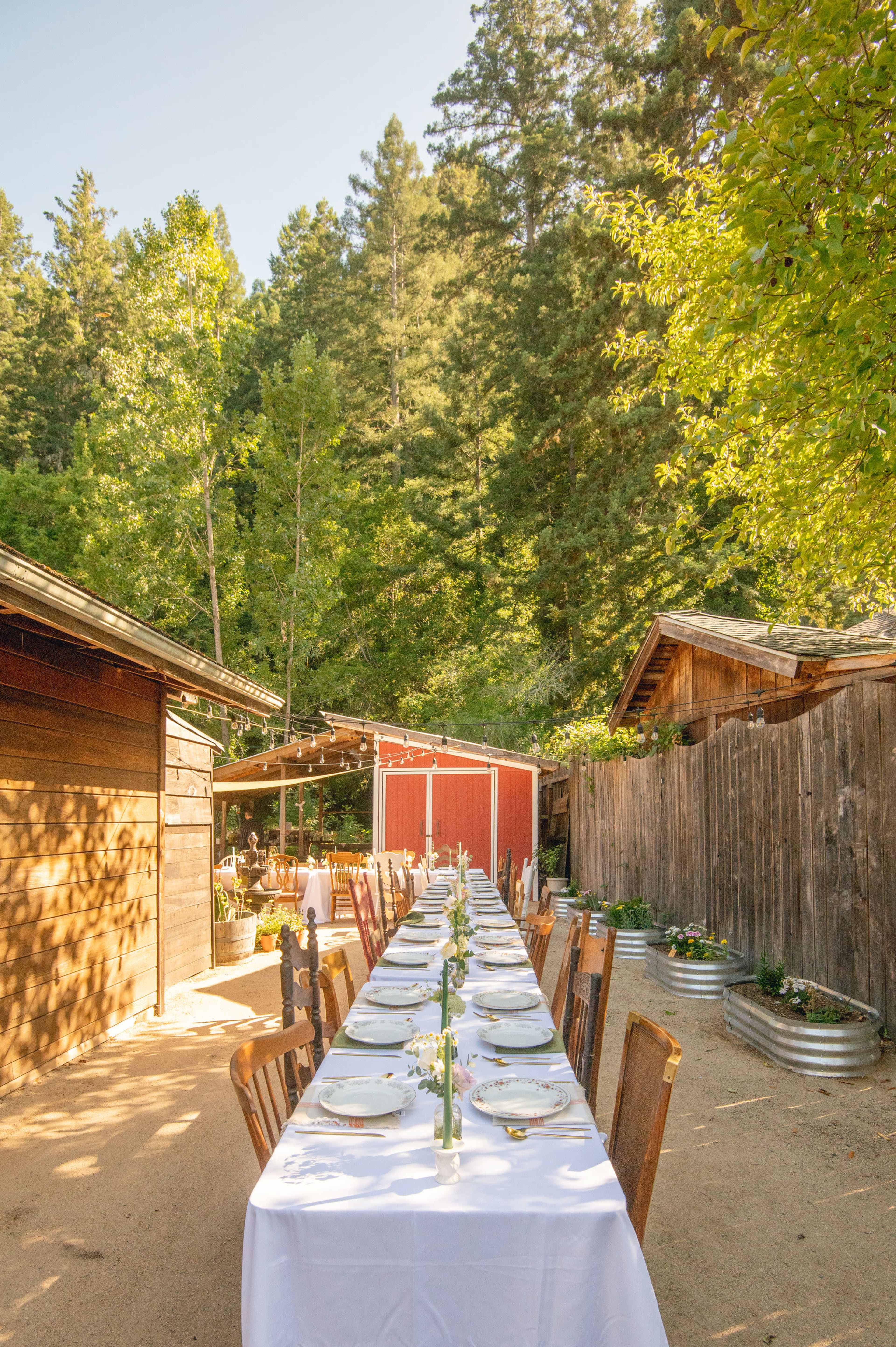 A long, elegantly set table with white tablecloths is arranged outdoors between rustic wooden structures, surrounded by lush trees.