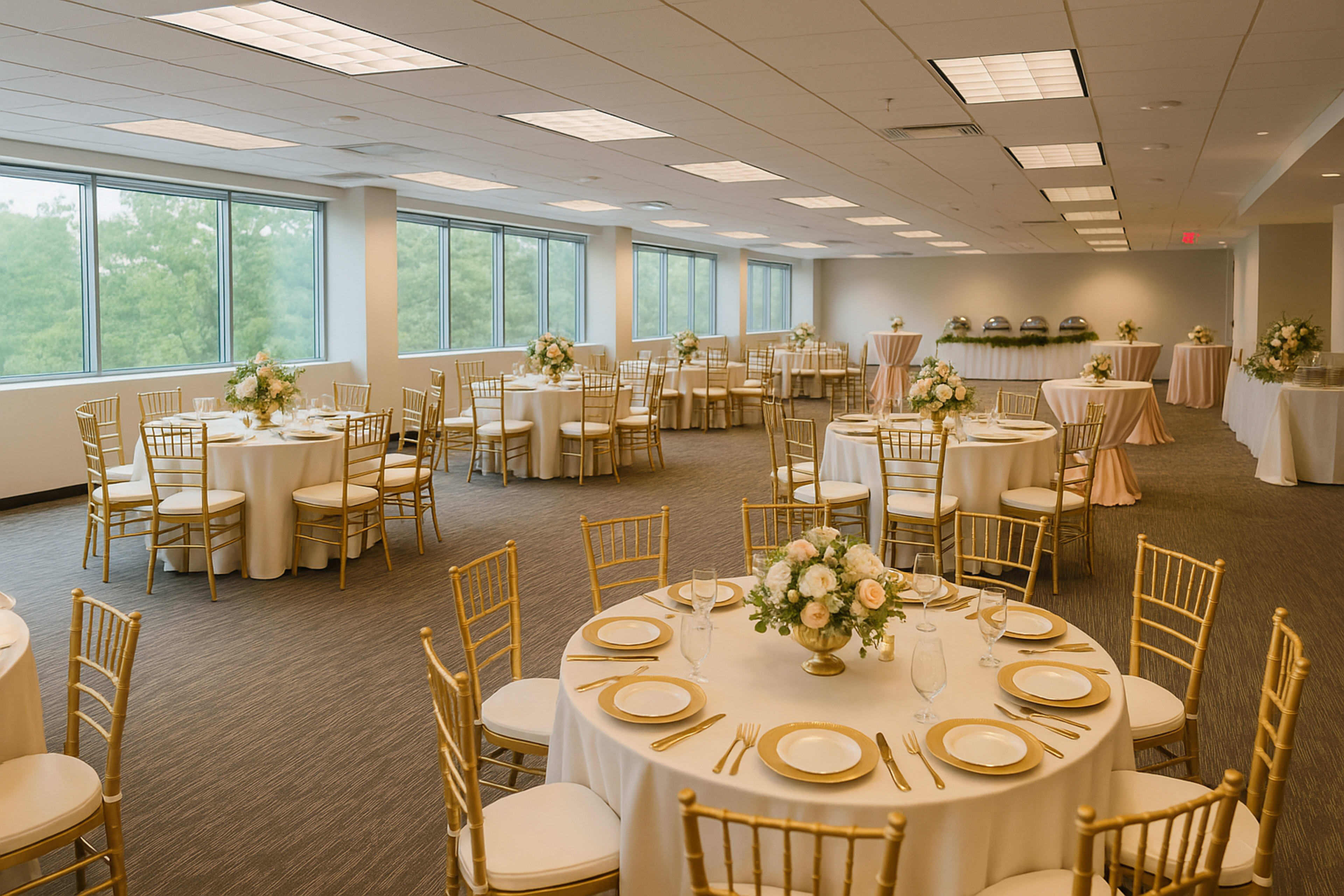 A spacious banquet room features round tables set for a formal event, adorned with floral centerpieces and gold accents, with a buffet station visible in the background.