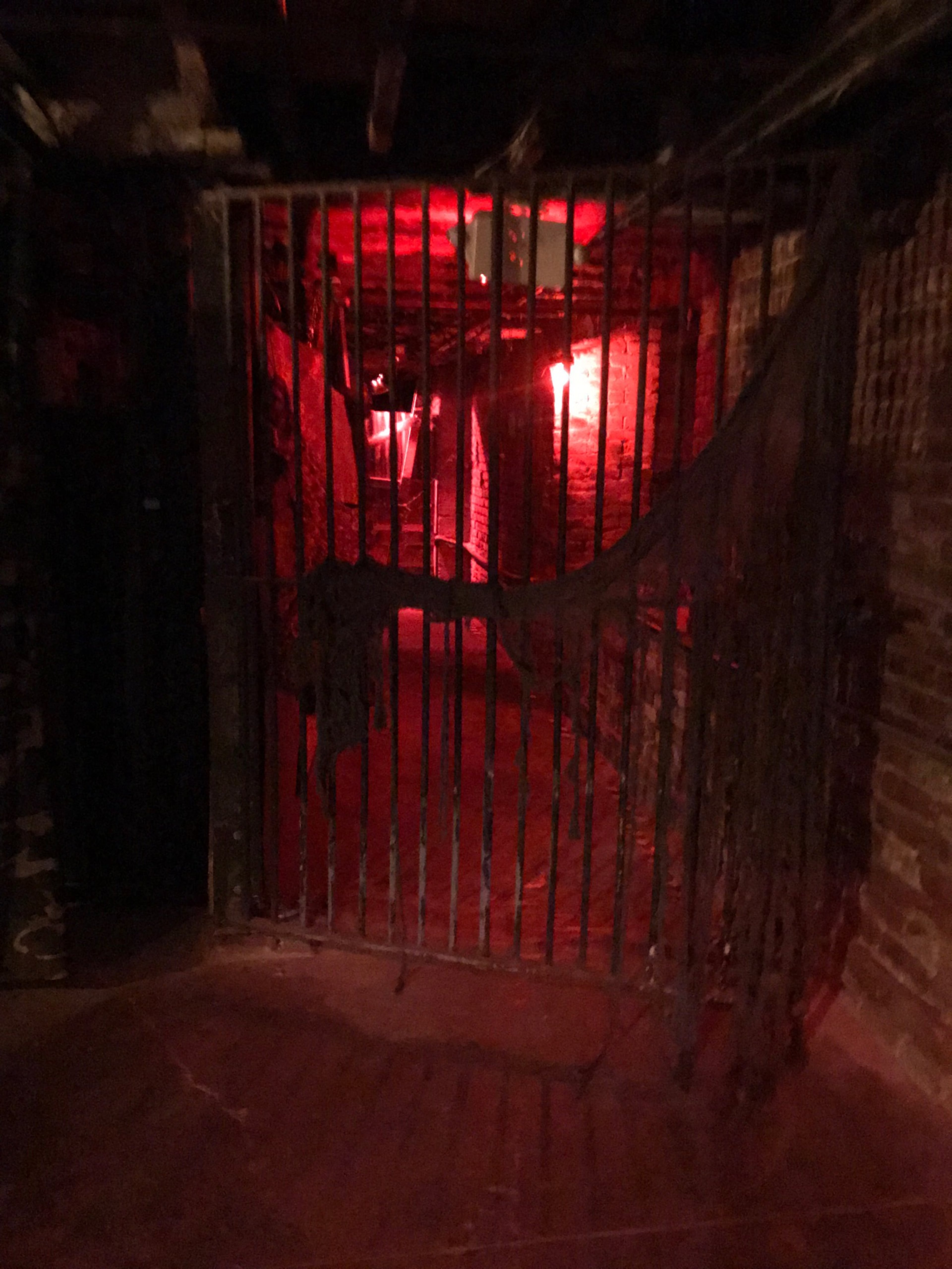A dimly lit underground corridor with a barred gate and red lights illuminating the stone walls.