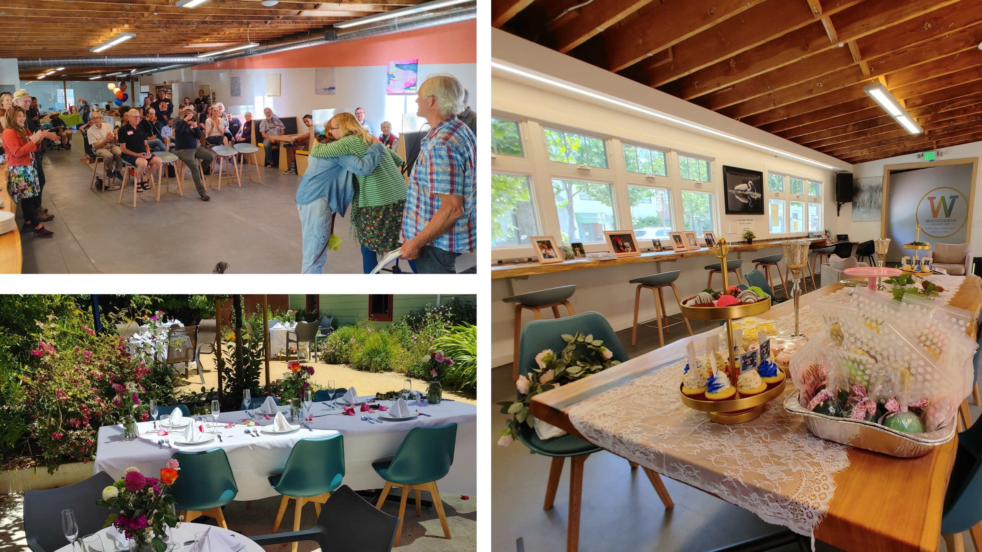 A gathering with people in a spacious indoor setting, along with an outdoor dining area decorated with tables for a celebration and a dessert display.