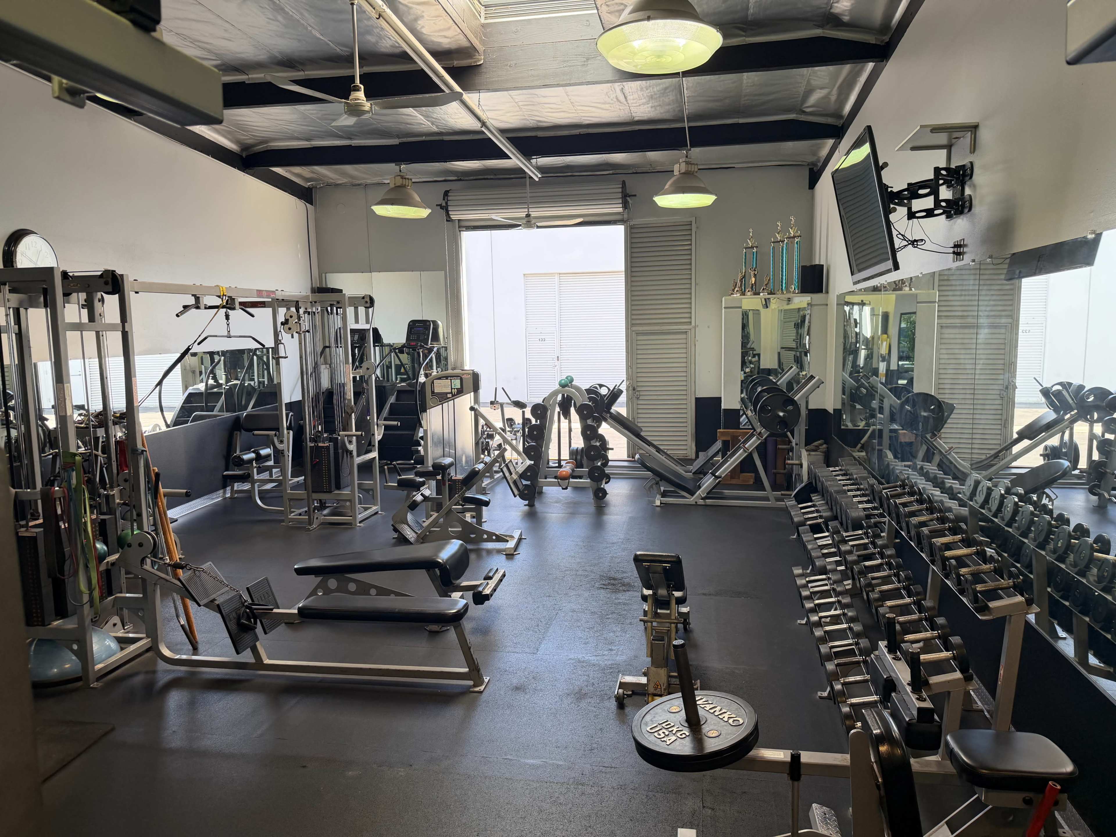 The image shows a well-equipped gym with various exercise machines, free weights, and a large mirror along one wall.