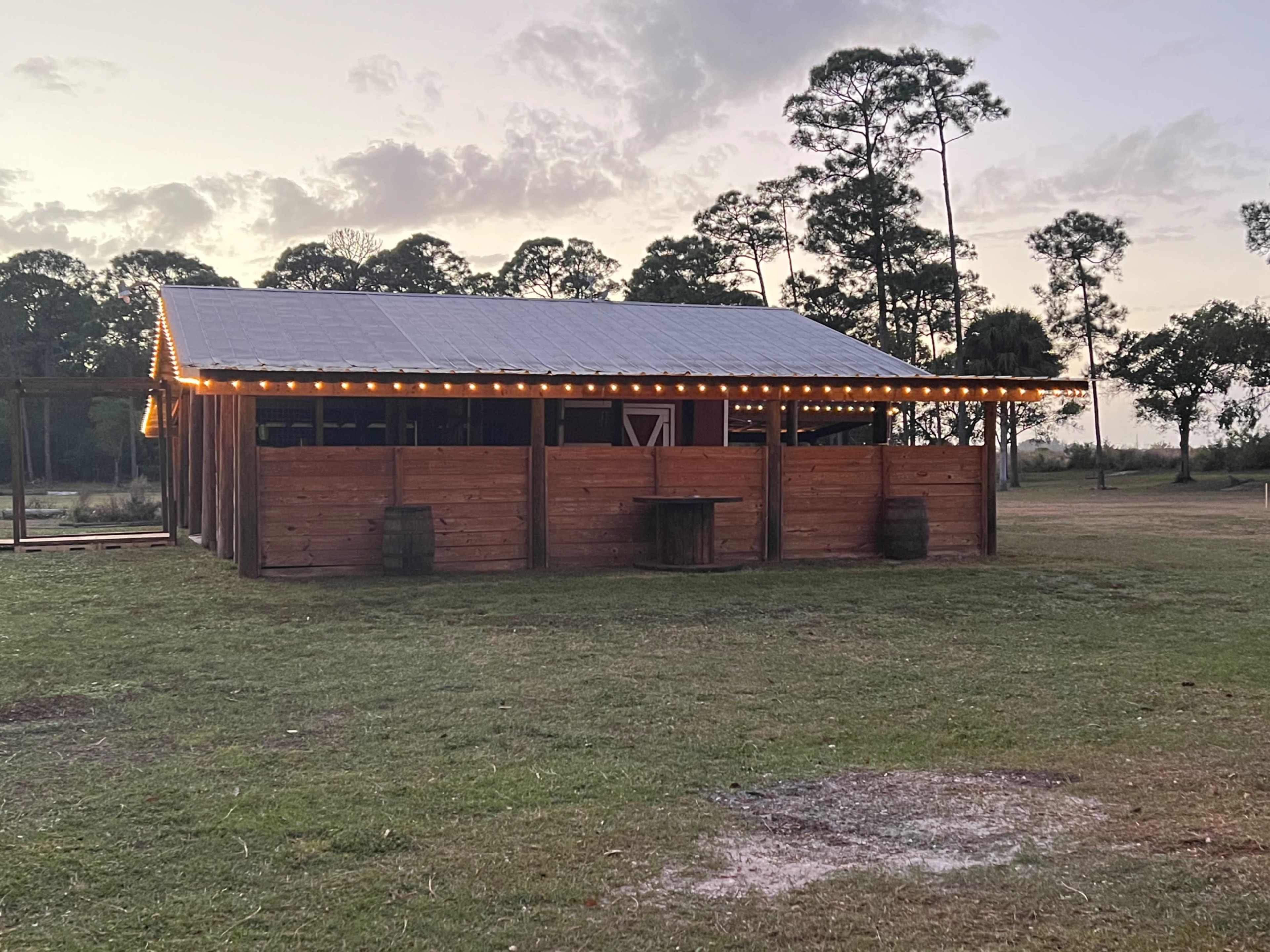 A wooden structure with a metal roof is illuminated by string lights at dusk, surrounded by grass and trees.