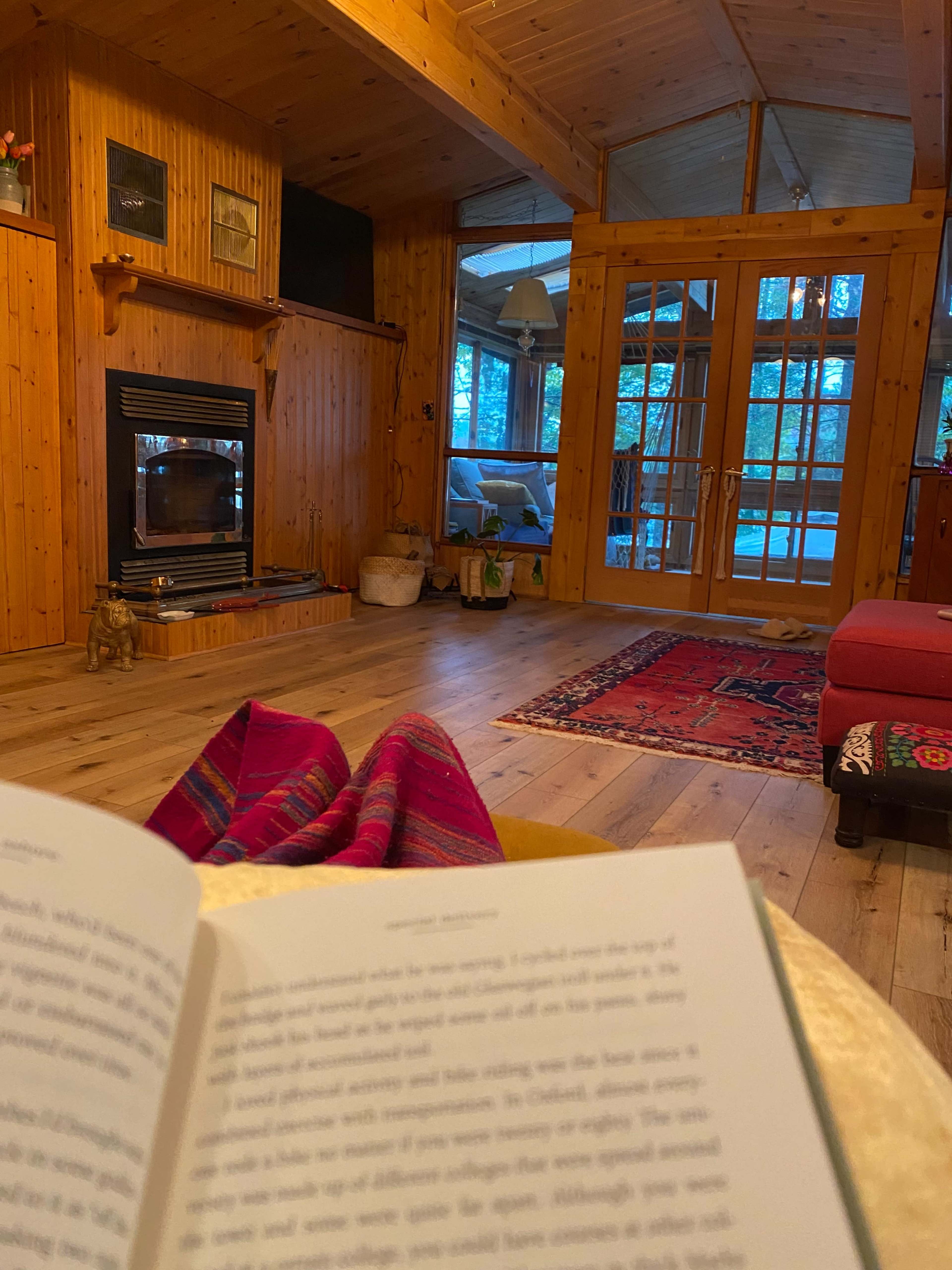 A cozy wooden living room features a fireplace, large windows, and comfortable furniture, while a book is opened in the foreground.
