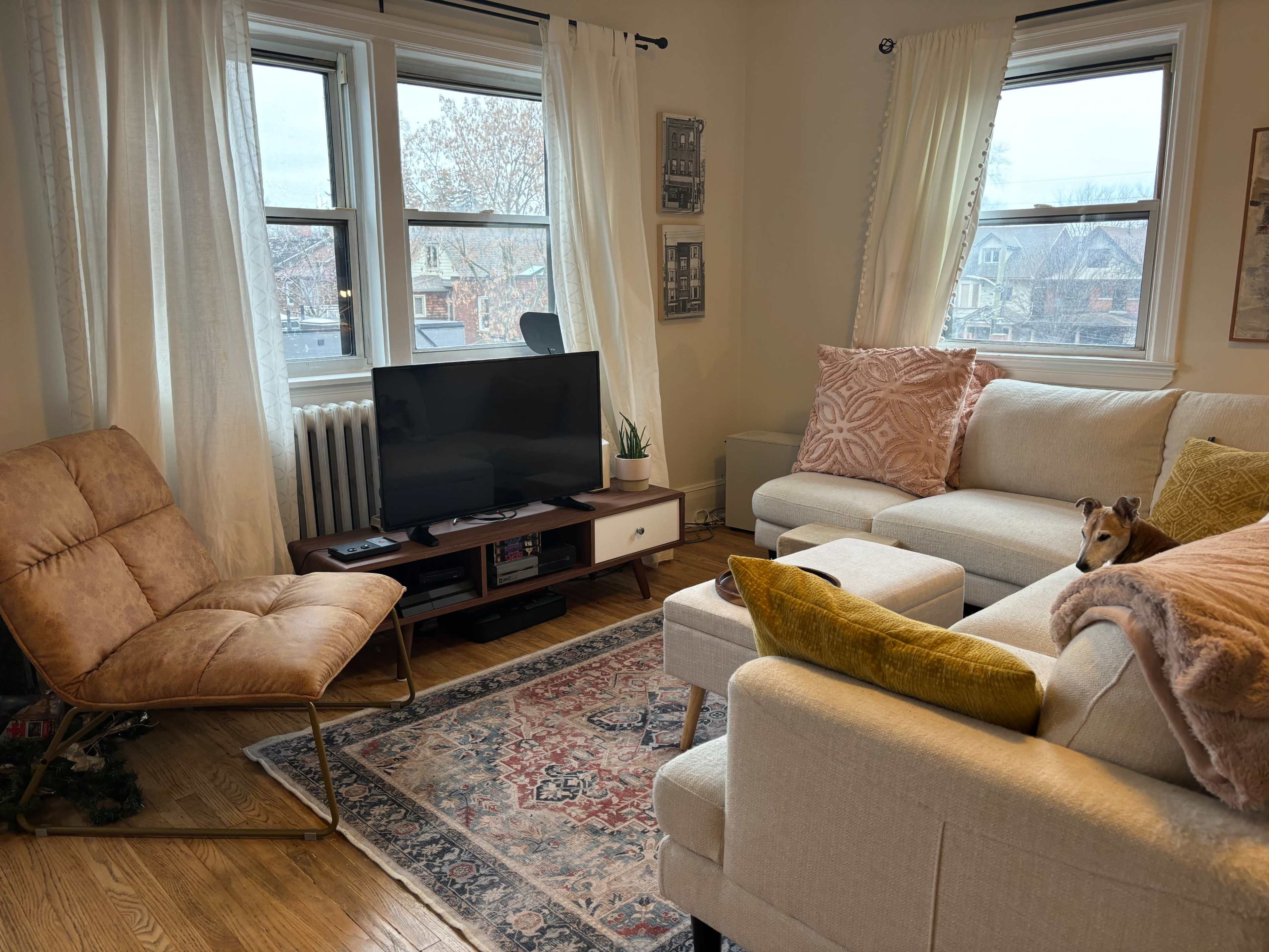 A cozy living room with a television on a stand, a light-colored sofa, a reclined chair, a decorative rug, and two large windows with sheer curtains.