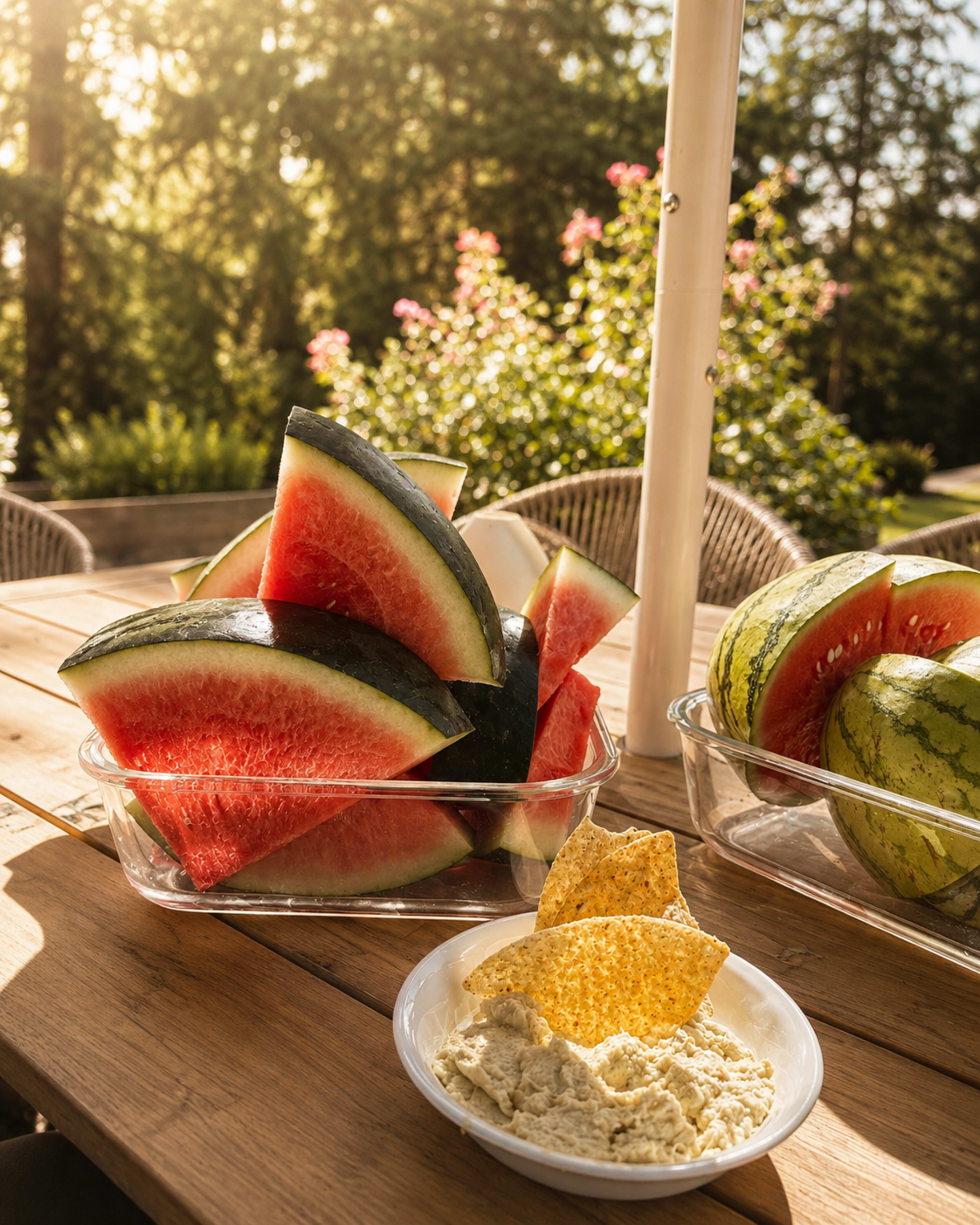 A picnic table displays slices of watermelon and a bowl of hummus with chips, surrounded by greenery and soft sunlight.