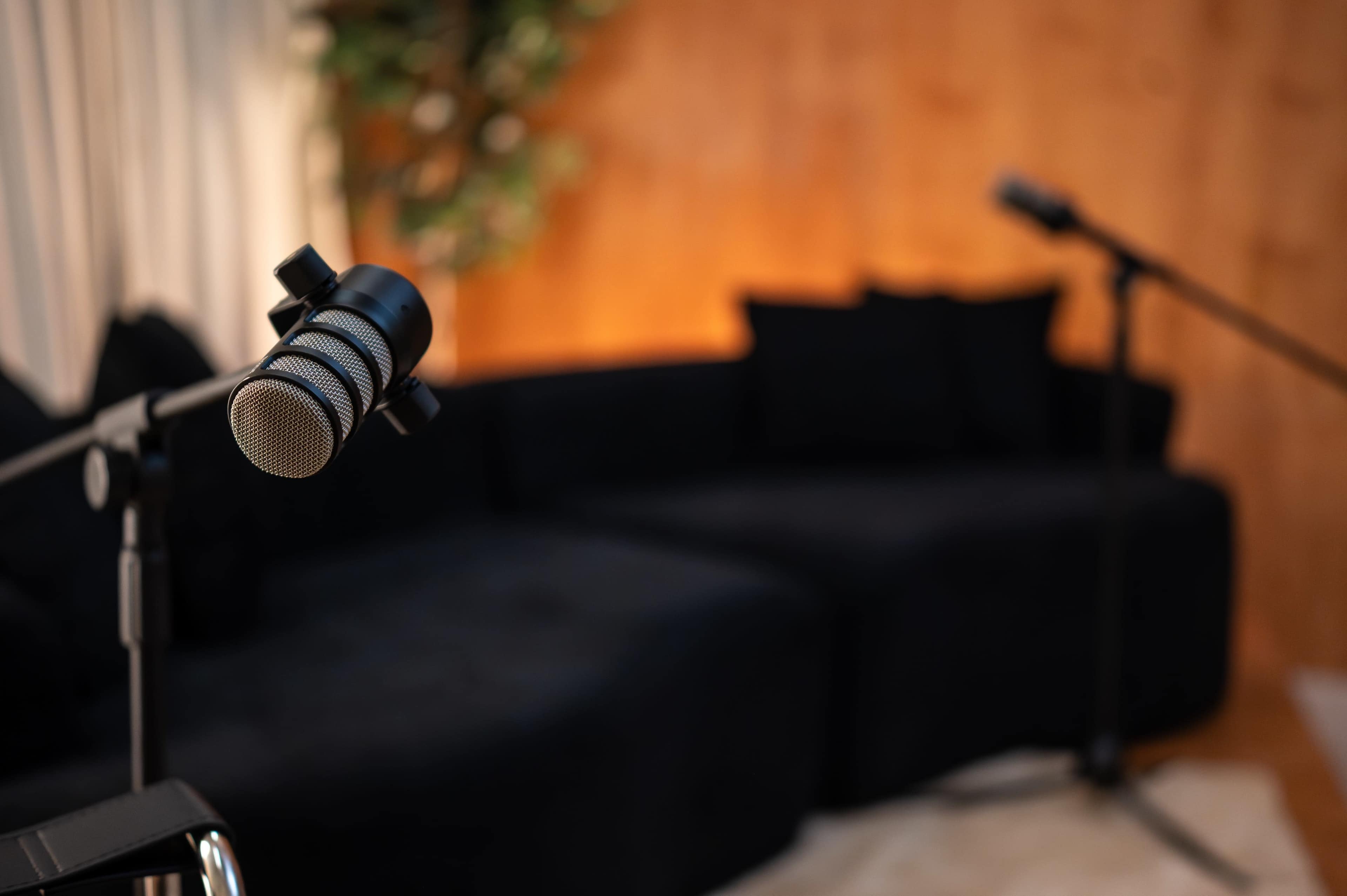 A close-up of a microphone is shown in the foreground, with a black couch and another microphone in the blurred background.