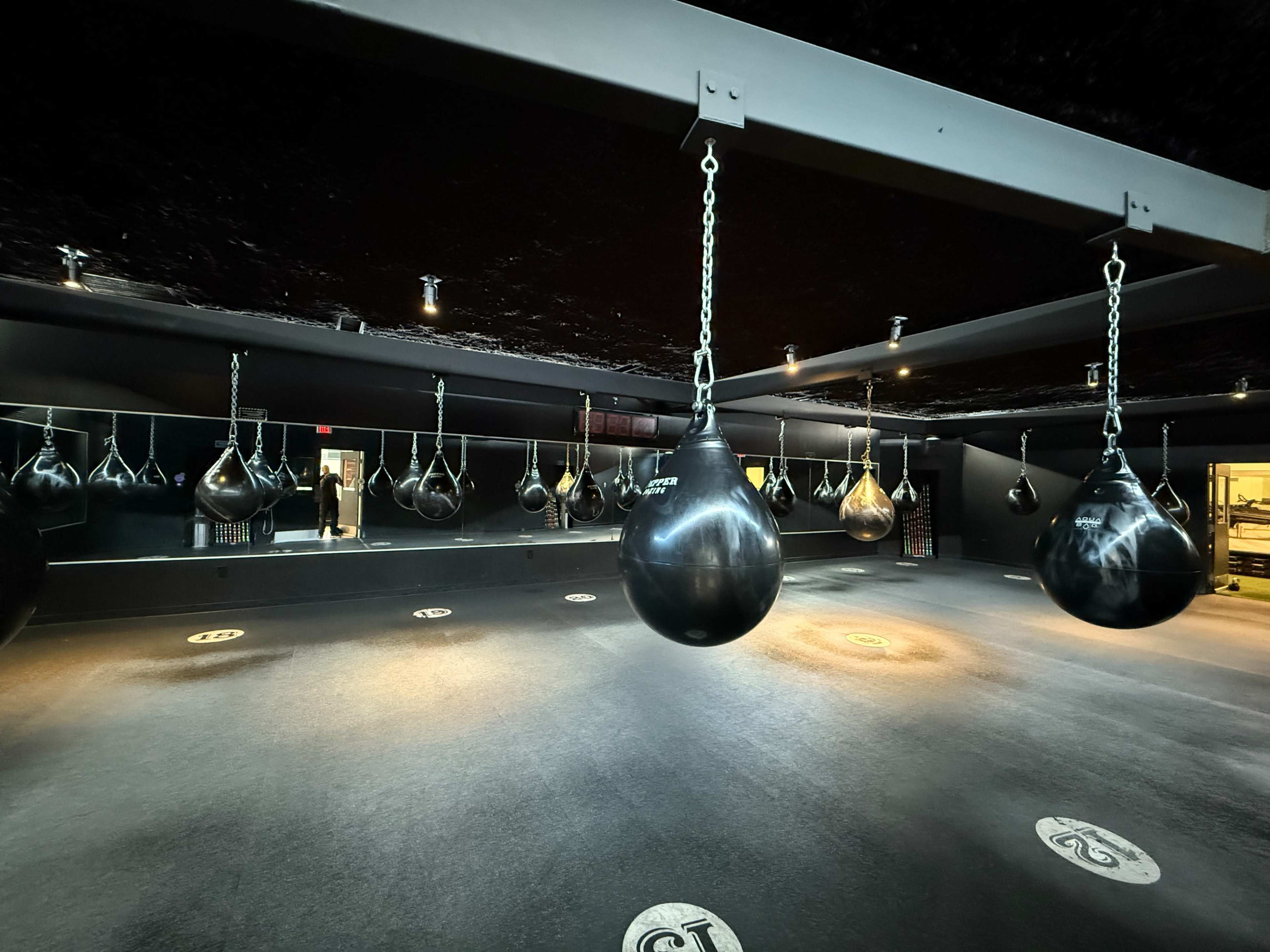 The image depicts a spacious boxing gym with multiple black heavy bags hanging from the ceiling and marked floor areas for training.